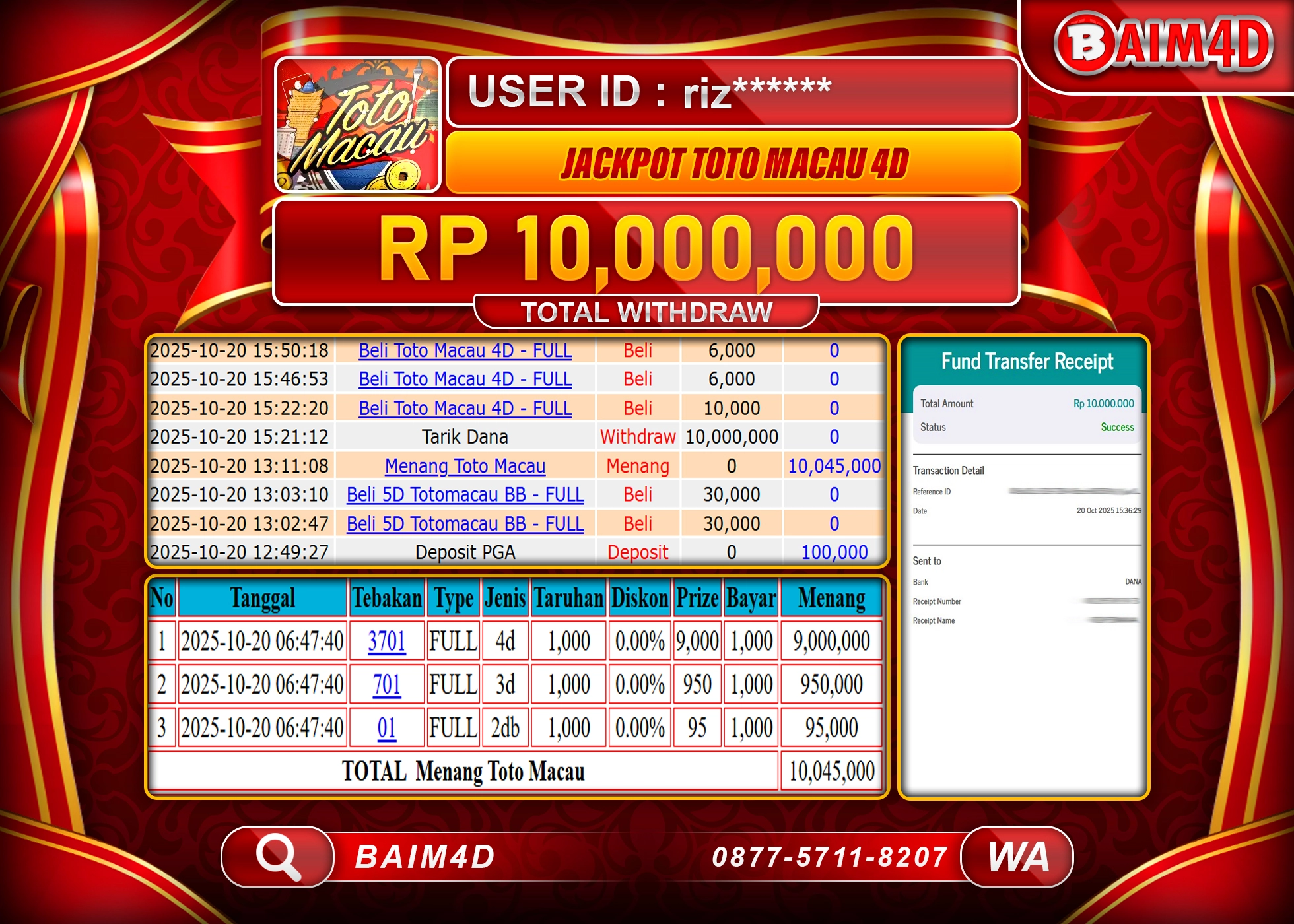 BAIM4D JACKPOT TOGEL TOTO MACAU 4D GAMES Rp.10,000,000.- LUNAS