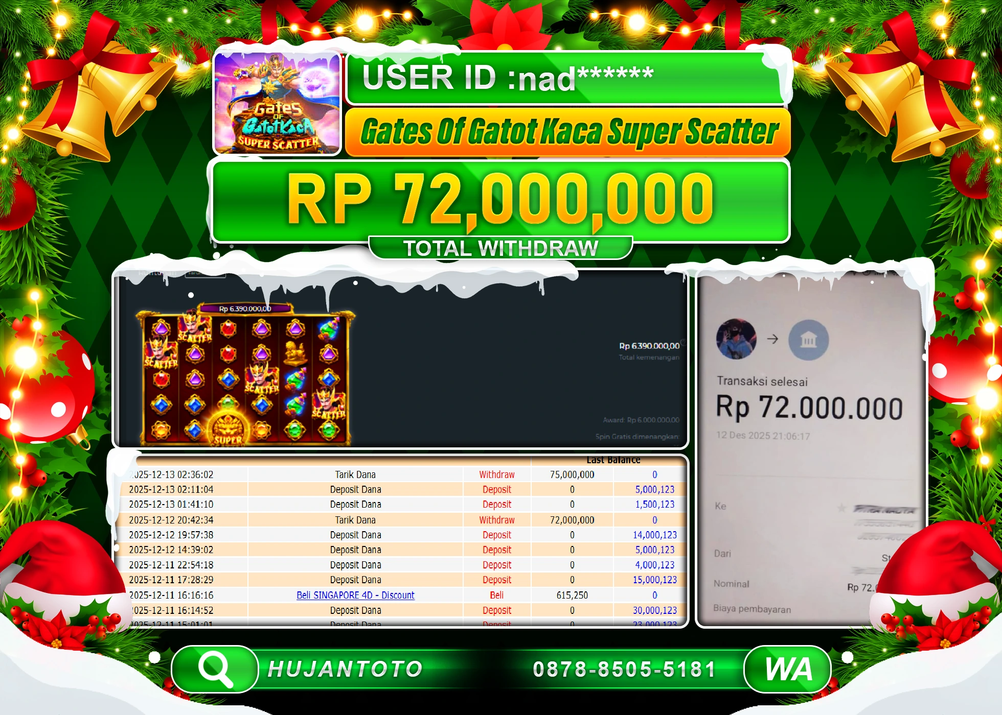 HUJANTOTO - BUKTI JACKPOT MENANG SLOT GATOT KACA SUPER SCATTER Rp.72,000,000 - TERBAYAR LUNAS