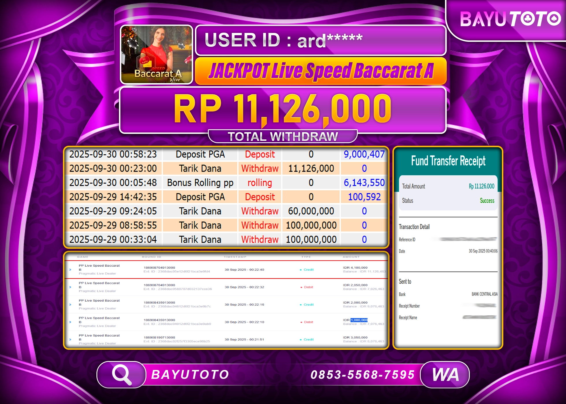 BAYUTOTO JACKPOT DI GAME  LIVEGAMES PP LIVE SPEED BACCARAT  Rp.11,126,000 LUNAS
