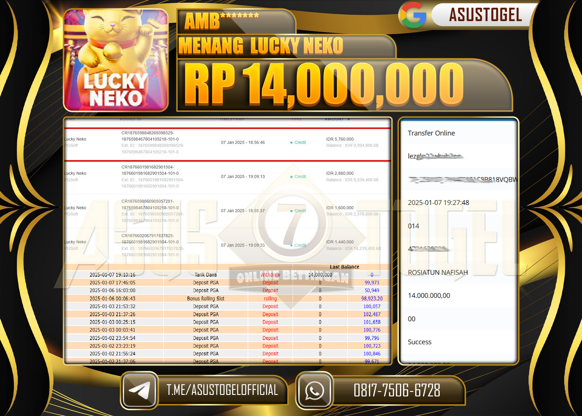 ASUSTOGEL KEMENANGAN DI SLOT LUCKY NEKO SEBESAR 14,000,000- RUPIAH LUNAS