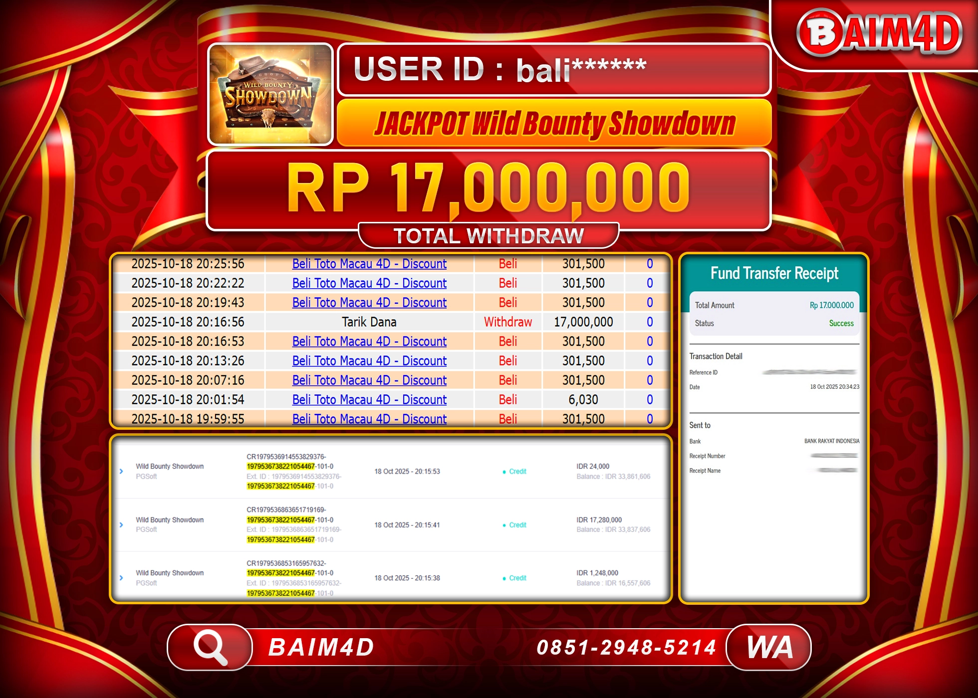BAIM4D JACKPOT SLOT WILD BOUNTY SHOWDOWN Rp.17,000,000.- LUNAS