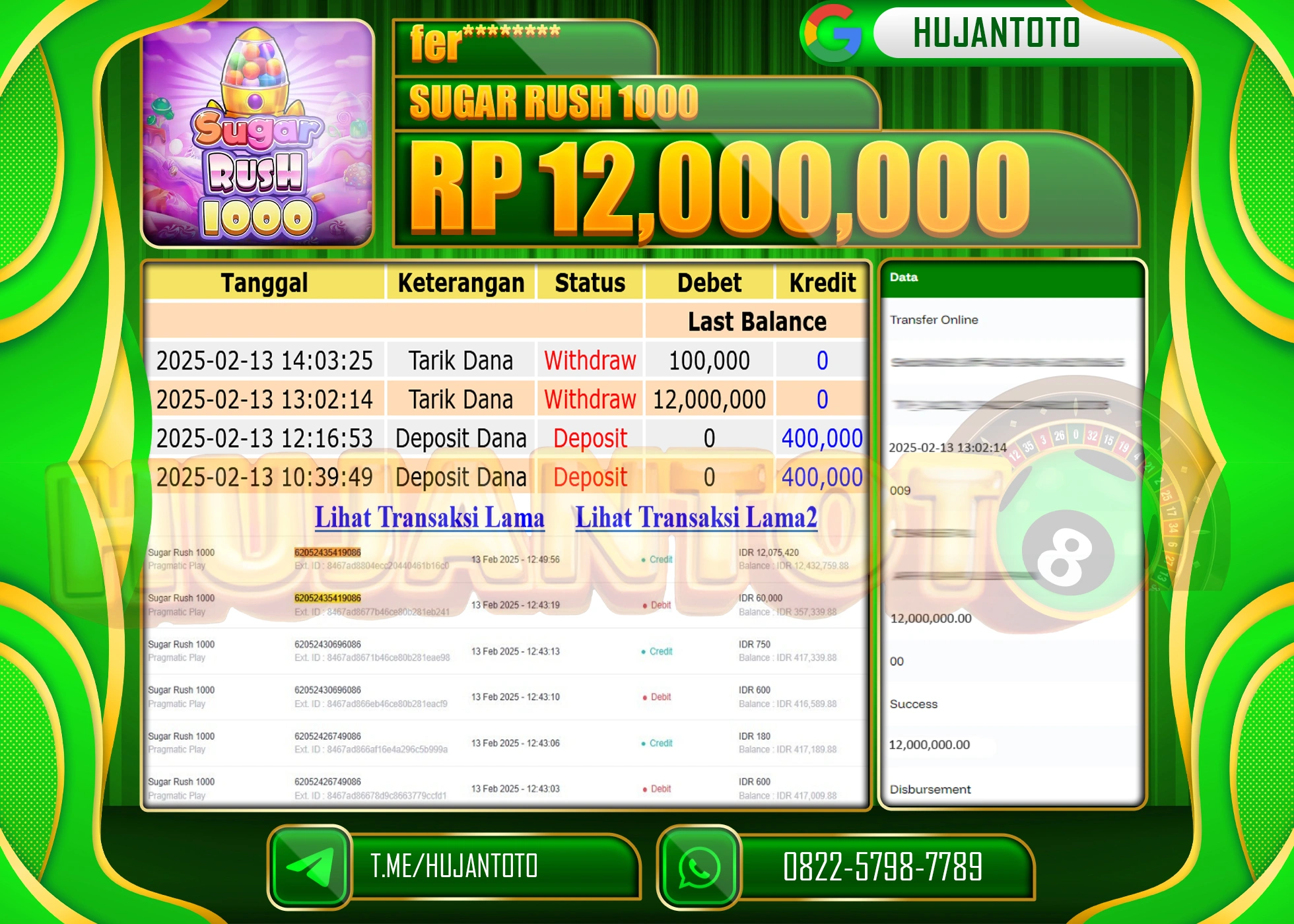 HUJANTOTO - BUKTI JACKPOT MENANG SLOT SUGAR RUSH 1000 Rp,12.000,000 - TERBAYAR LUNAS