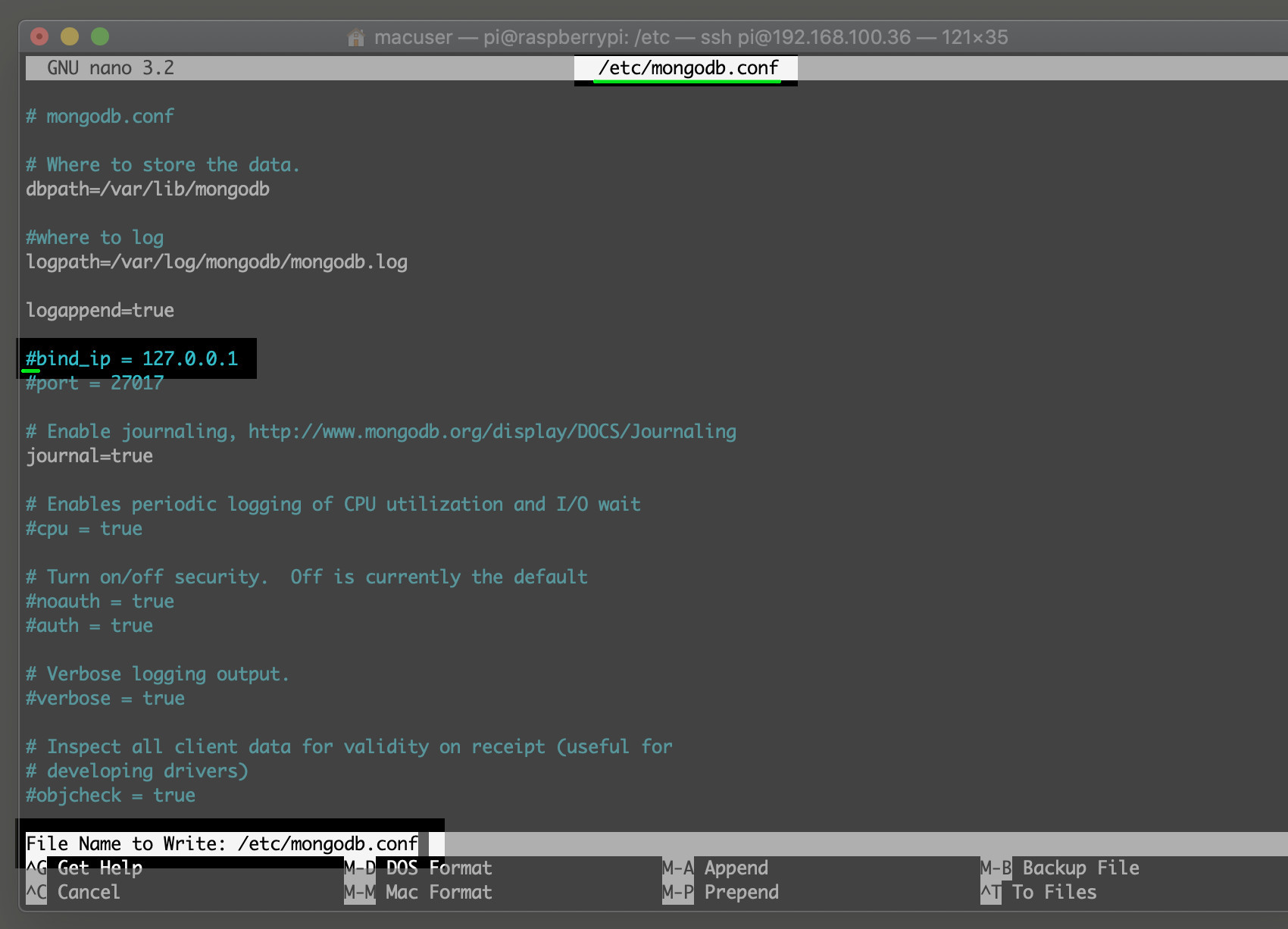 Screenshot of the mongodb-conf file for MongoDB on a Raspberry Pi