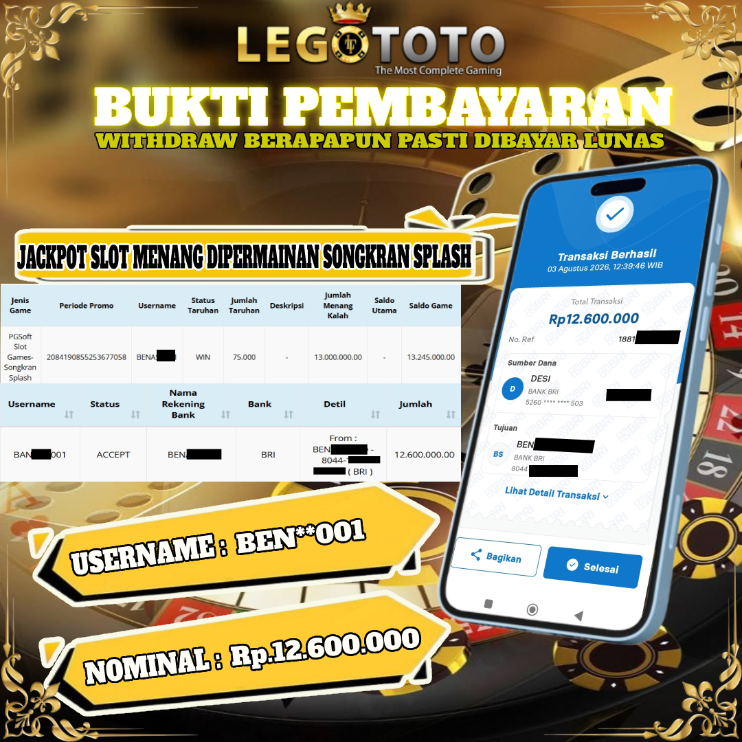  🏆 BUKTI KEMENANGAN MEMBER LEGOTOTO SLOT SONGKRAN SPLASH🏆