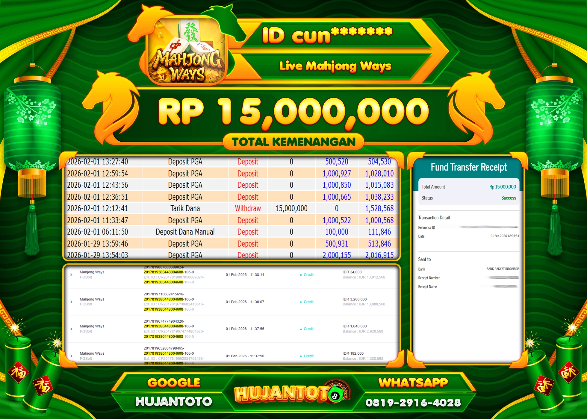HUJANTOTO - BUKTI JACKPOT MENANG SLOT MAHJONG WAYS Rp.15,000,000 - TERBAYAR LUNAS