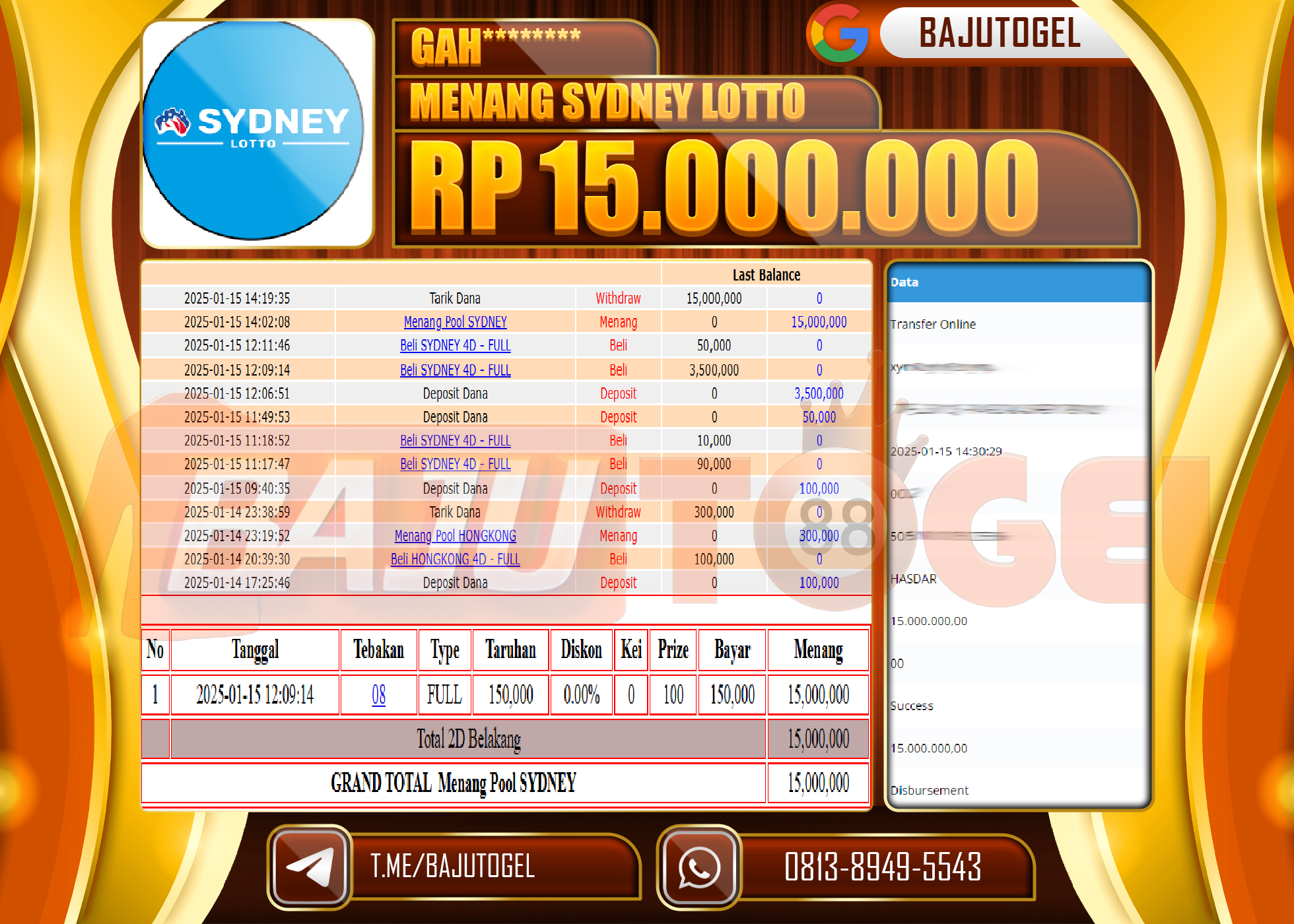 BAJUTOGEL KEMENANGAN PASARAN SYDNEY LOTTO Rp.15.000.000 LUNAS