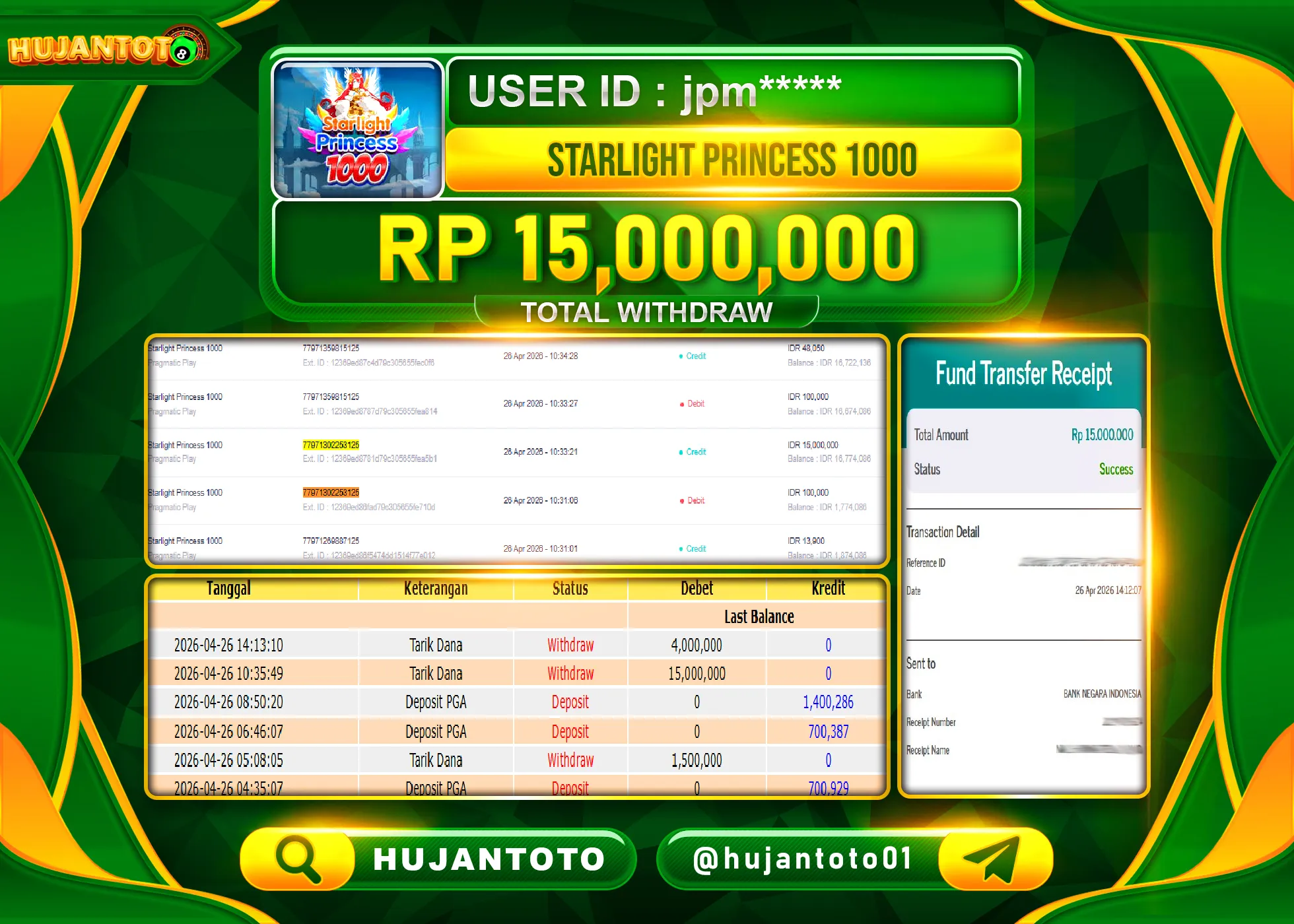 HUJANTOTO - BUKTI JACKPOT MENANG SLOT STARLIGHT PRINCESS 1000 Rp.15,000,000 - TERBAYAR LUNAS