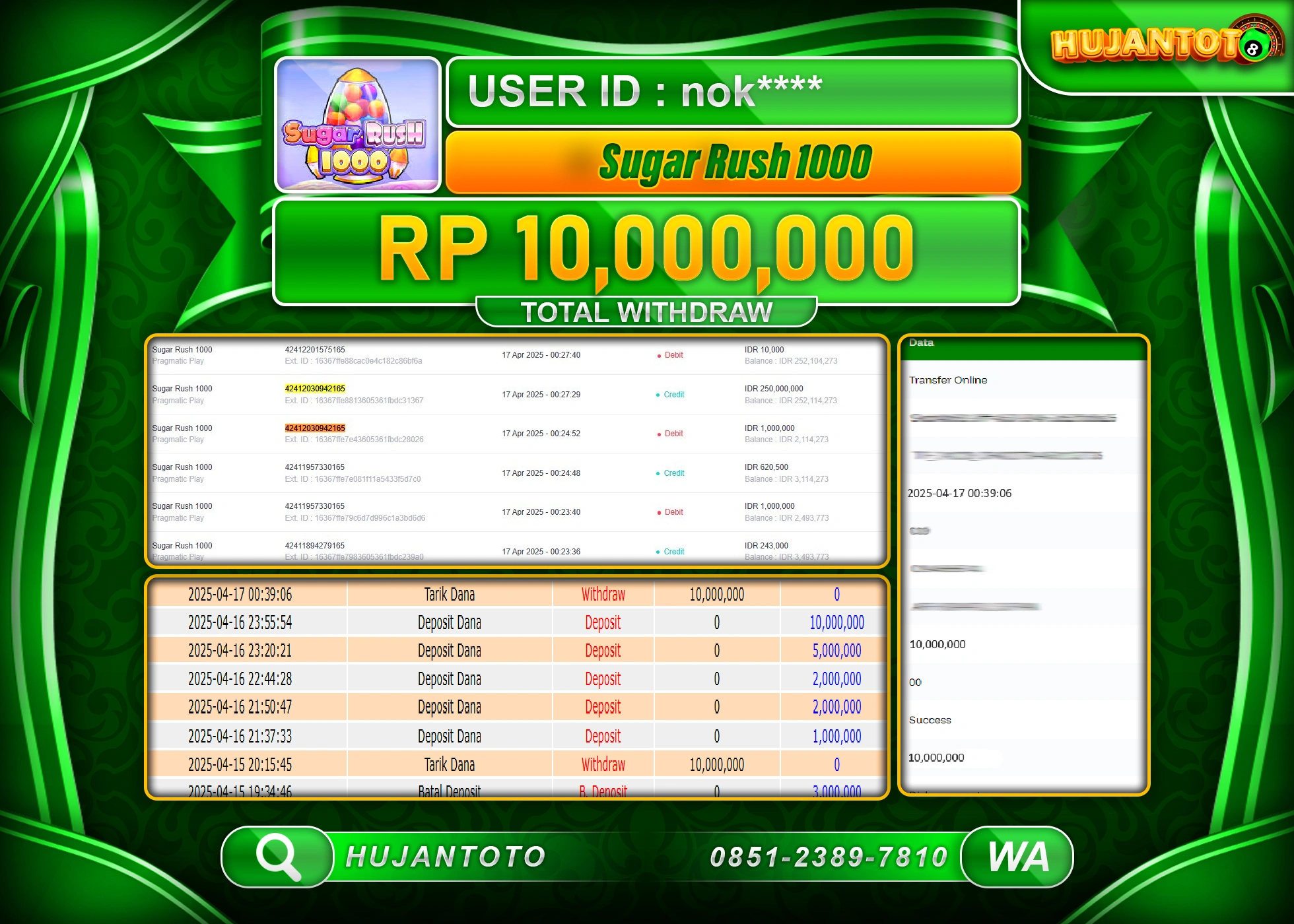 HUJANTOTO - BUKTI JACKPOT MENANG SLOT SUGAR RUSH 1000 Rp,10,000,000 - TERBAYAR LUNAS