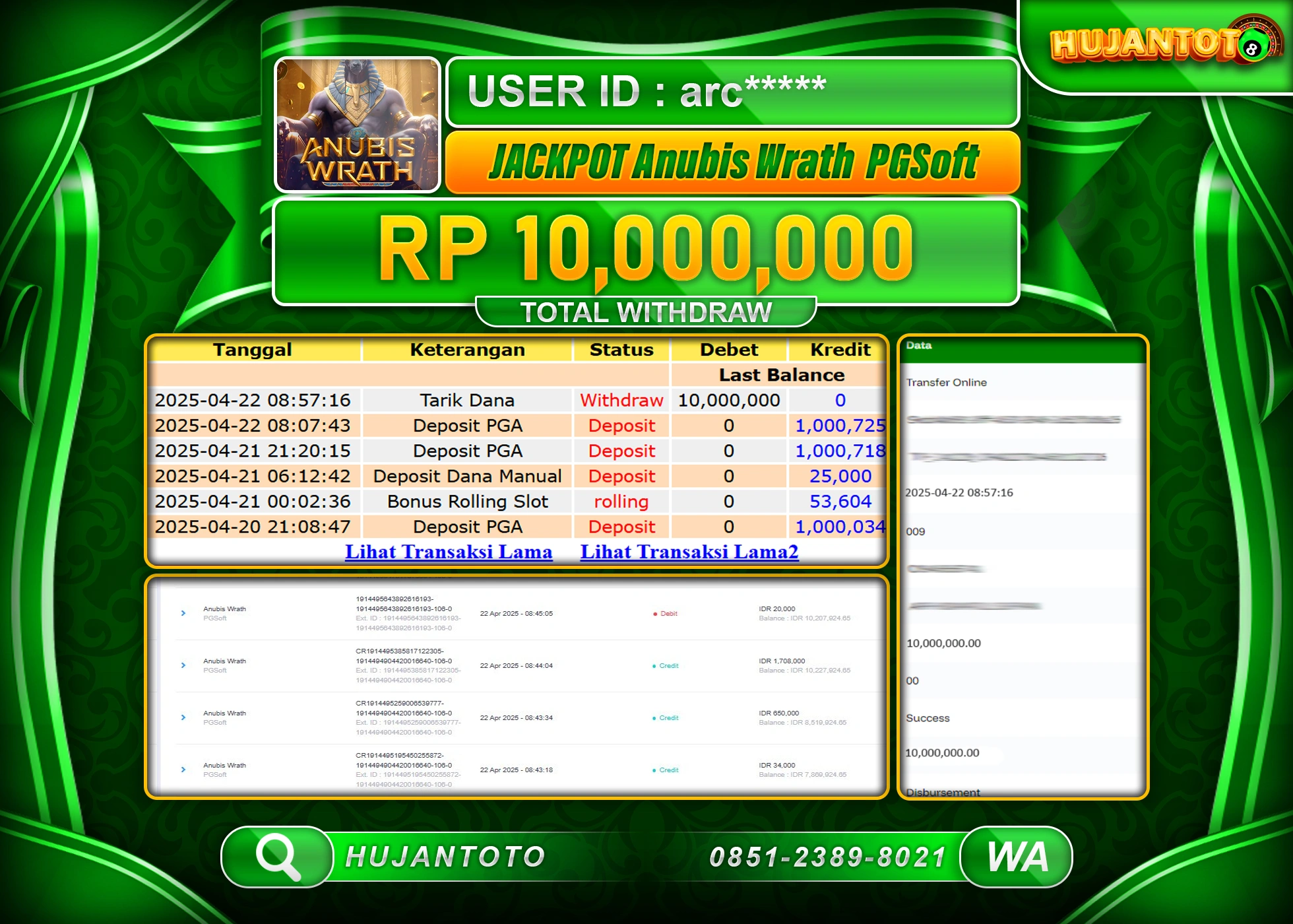 HUJANTOTO - BUKTI JACKPOT MENANG SLOT ANUBIS WRATH Rp,10,000,000 - TERBAYAR LUNAS