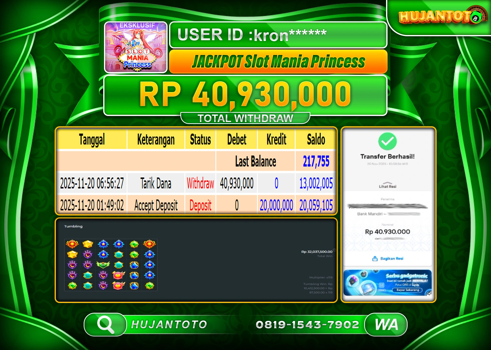 HUJANTOTO - BUKTI JACKPOT MENANG SLOT MANIA PRINCESS Rp.40,930,000 - TERBAYAR LUNAS