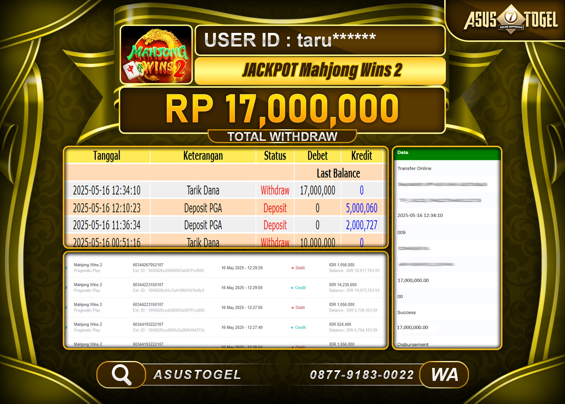  ASUSTOGEL KEMENANGAN DI SLOT MAHJONG WINS 2 SEBESAR 17,000,000- RUPIAH LUNAS
