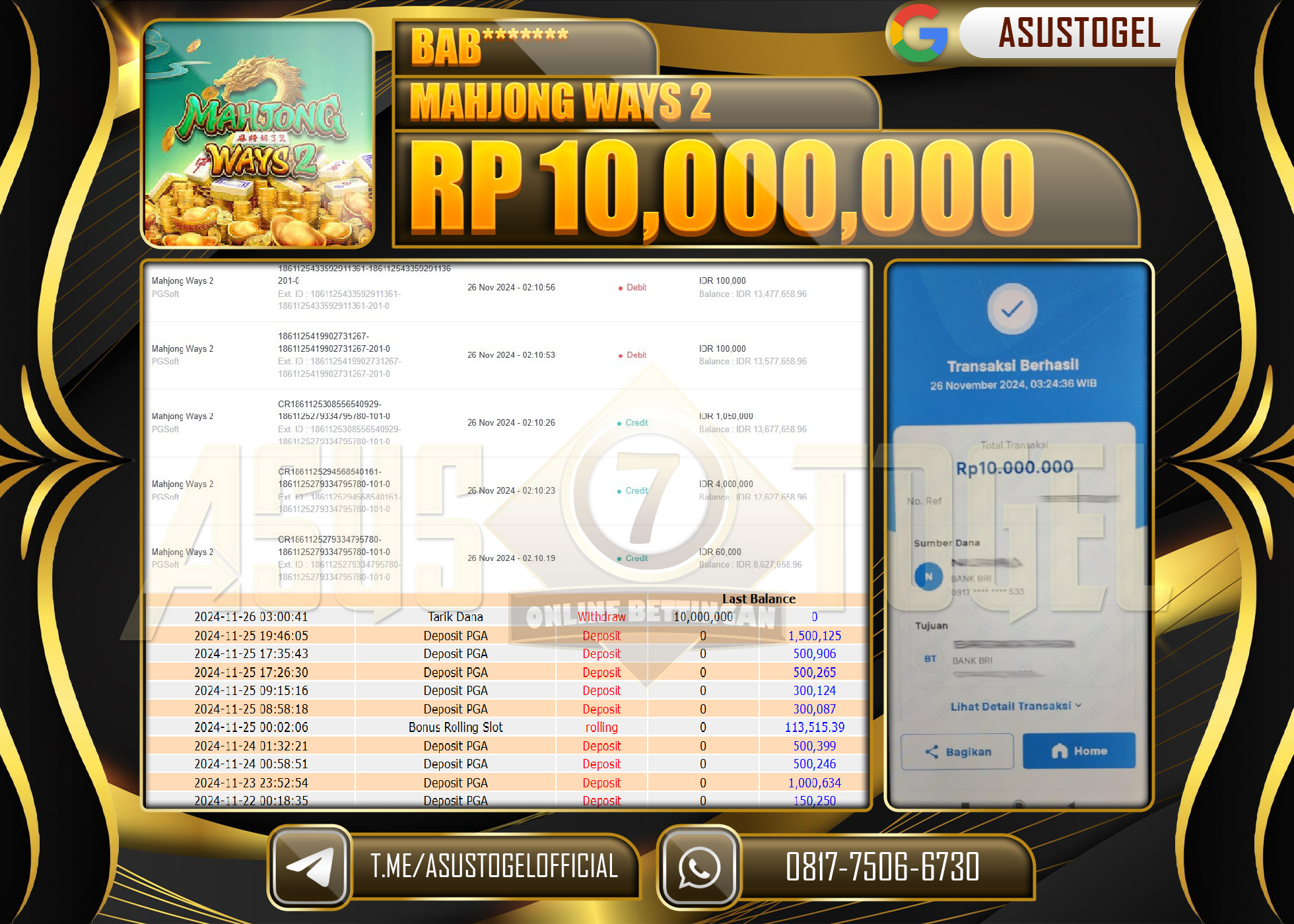 ASUSTOGEL KEMENANGAN DI PG SOFT  MAHJONG WAYS 2  SEBESAR  10,000,000 - RUPIAH LUNAS