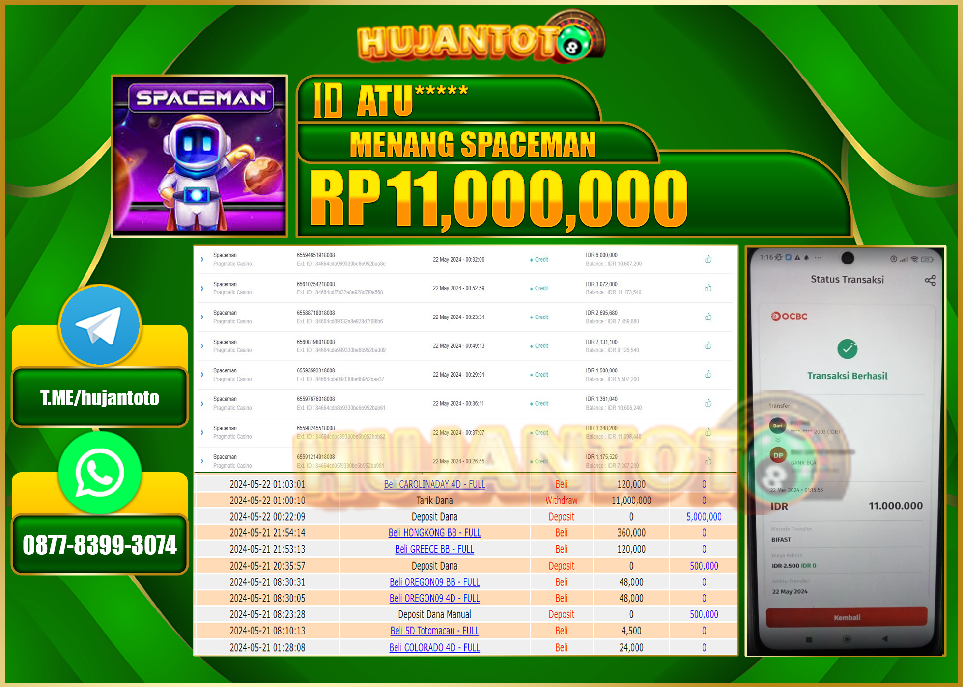 HUJANTOTO MENANG PRAGMATIC SPACEMAN 11.000.000 - LUNAS 