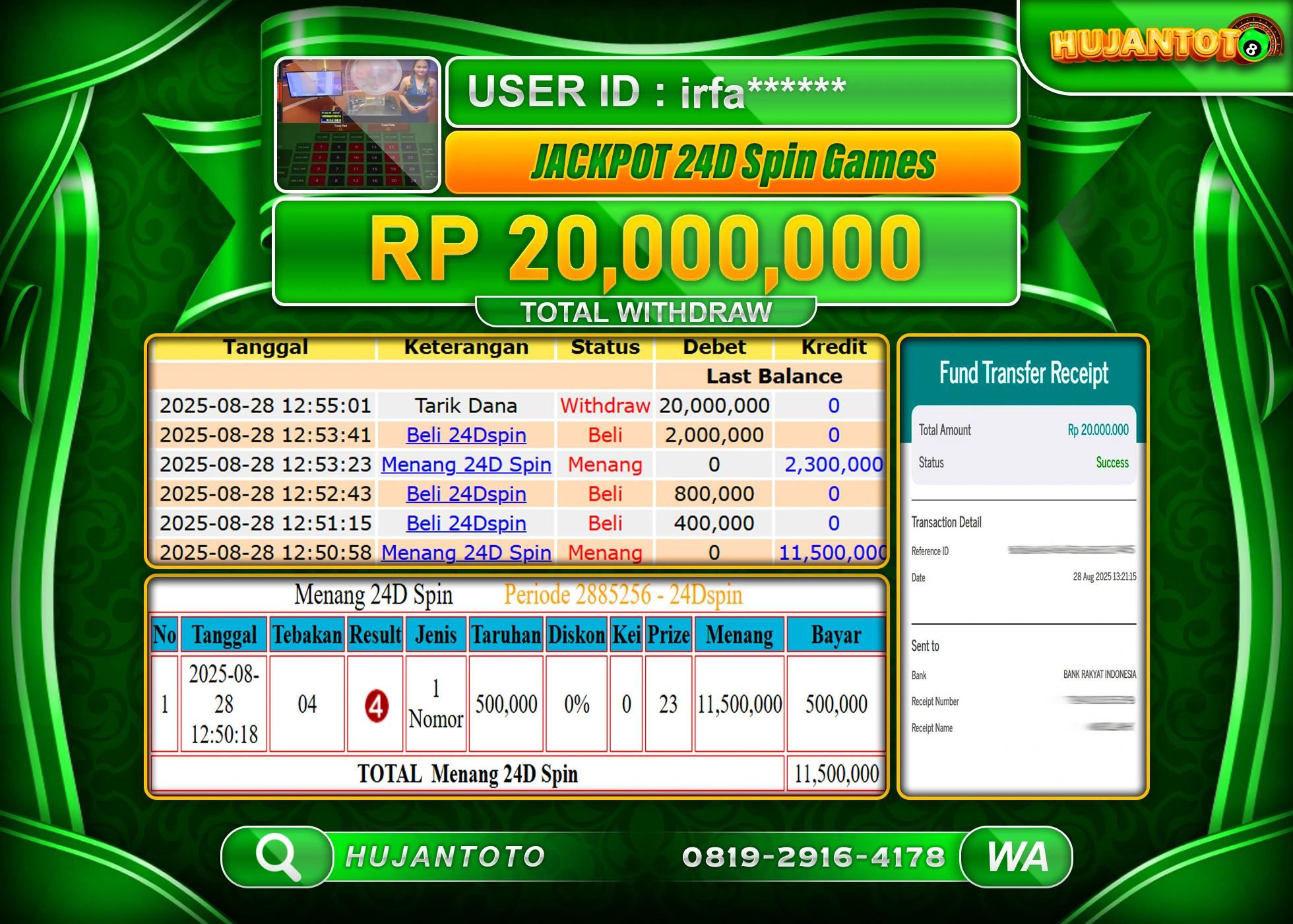 HUJANTOTO - BUKTI JACKPOT LIVEGAMES 24D SPIN GAMES  Rp.20,000,000 - TERBAYAR LUNAS