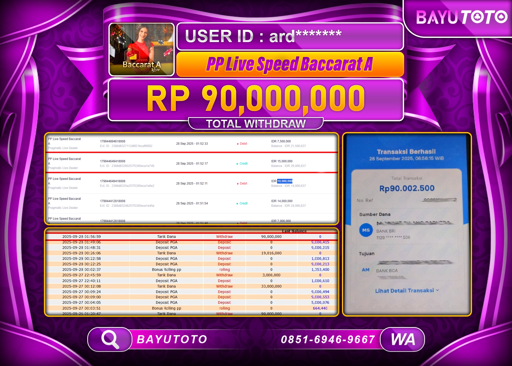BAYUTOTO JACKPOT DI GAME  LIVEGAMES PP LIVE SPEED BACCARAT  Rp.90,000,000 LUNAS