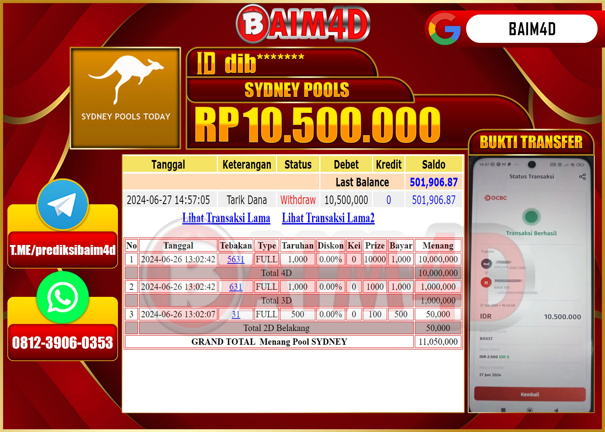 BAIM4D JACKPOT SYDNEY POOLS Rp.10,500,000.- LUNAS