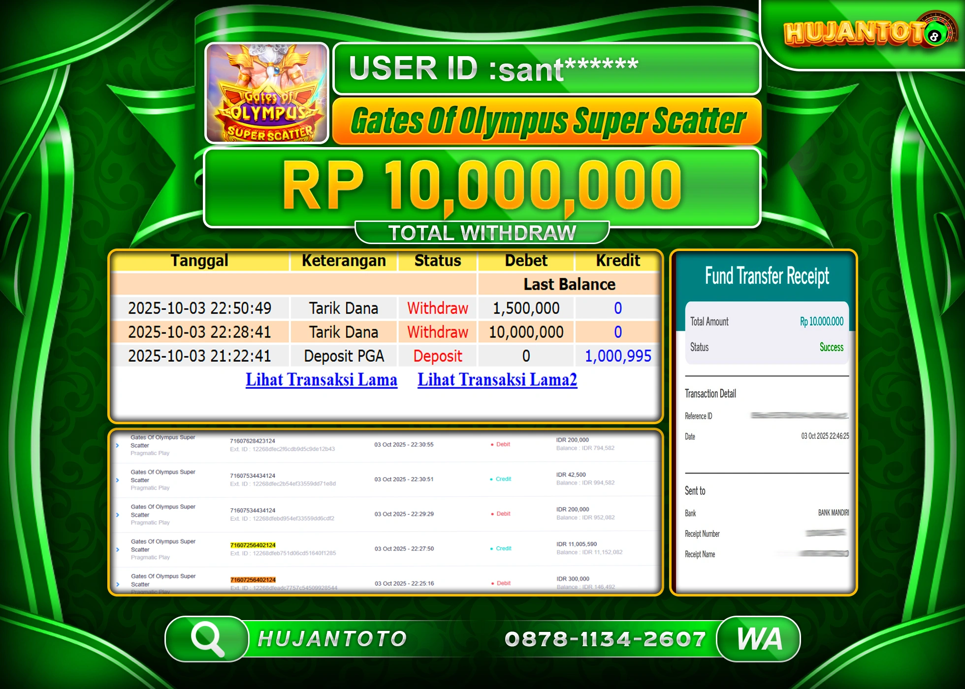HUJANTOTO - BUKTI JACKPOT MENANG SLOT GATES OF OLYMPUS SUPER SCATTER  Rp.10,000,000 - TERBAYAR LUNAS