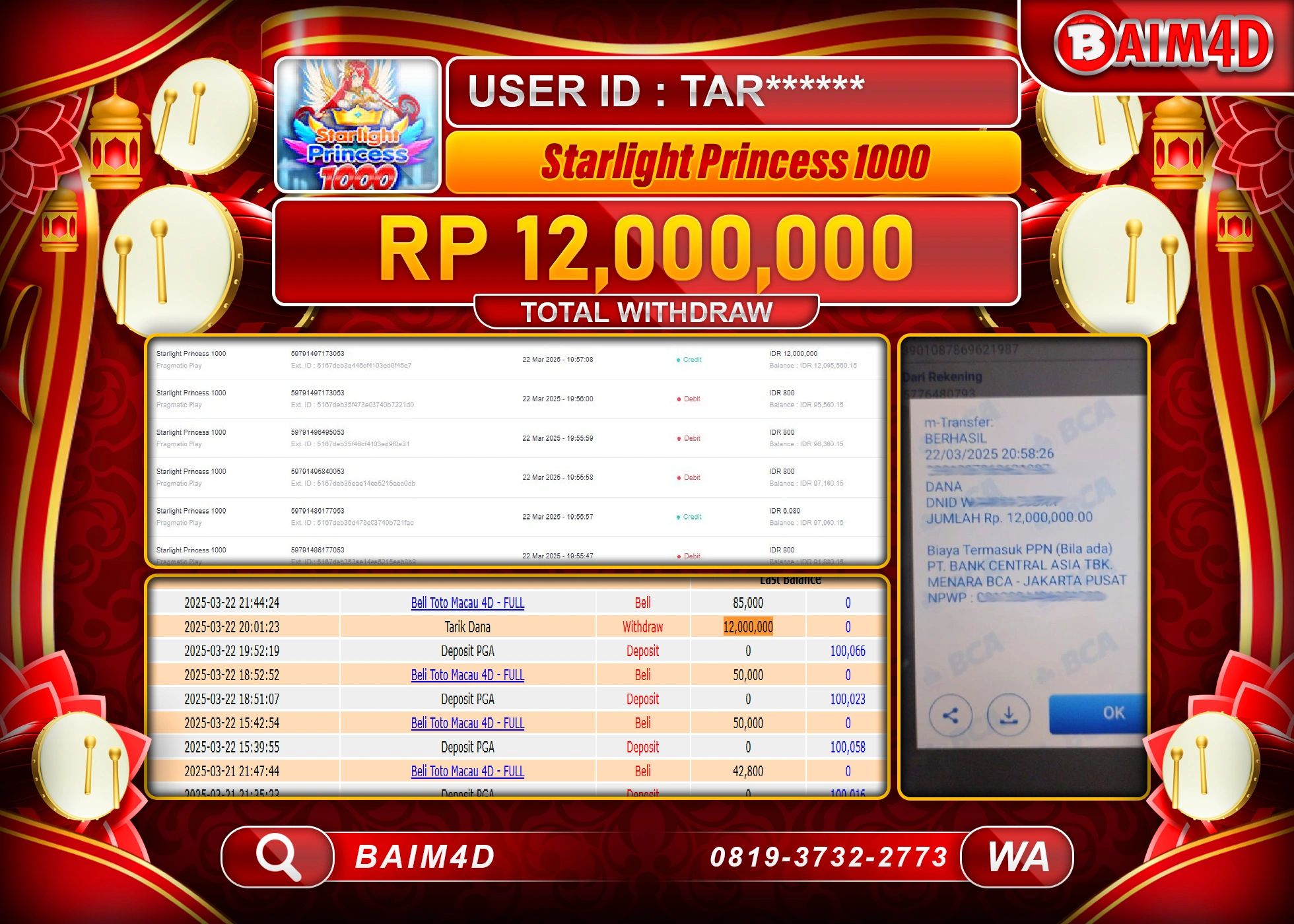 BAIM4D JACKPOT STARLIGHT PRINCCES 1000  Rp.12.000,000.- LUNAS