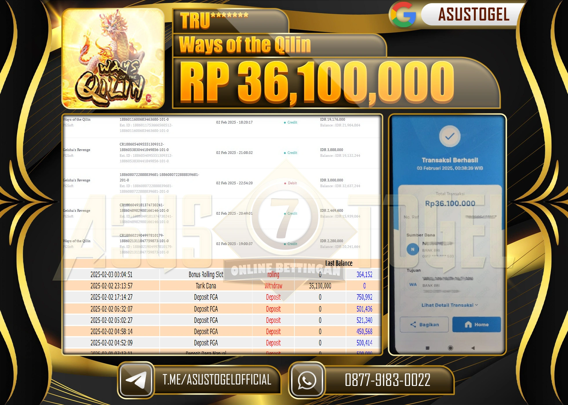 ASUSTOGEL KEMENANGAN DI WAYS OF THE QILIN  SEBESAR 36,100,000 - RUPIAH LUNAS