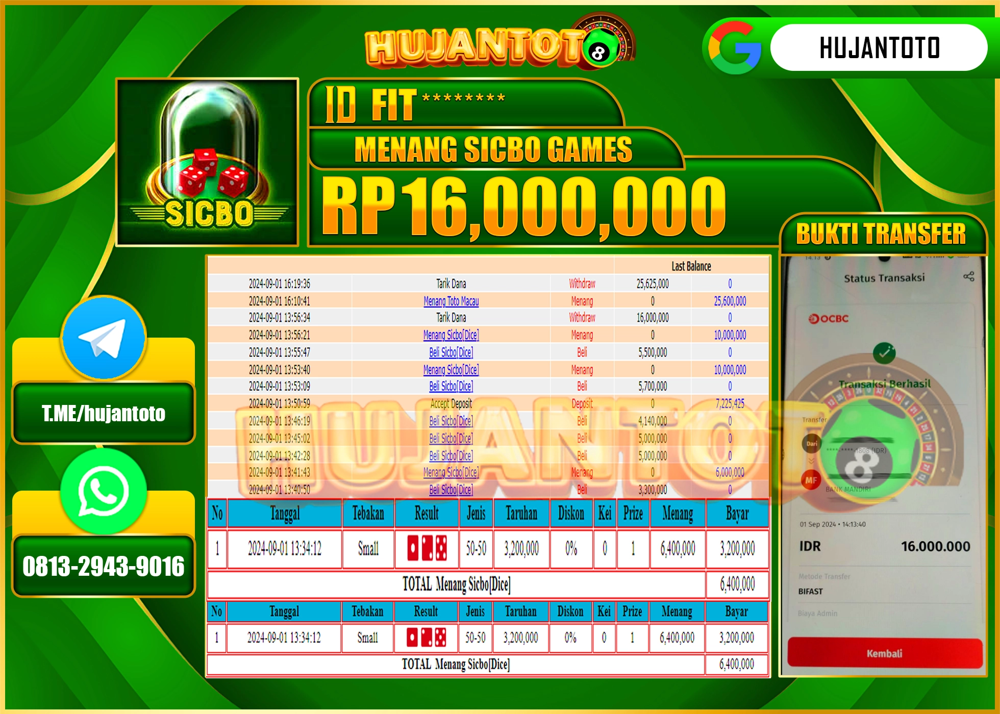HUJANTOTO MENANG BESAR DI PERMAINAN LIVEGAME SICBO GAMES 16,000.000 - LUNAS 