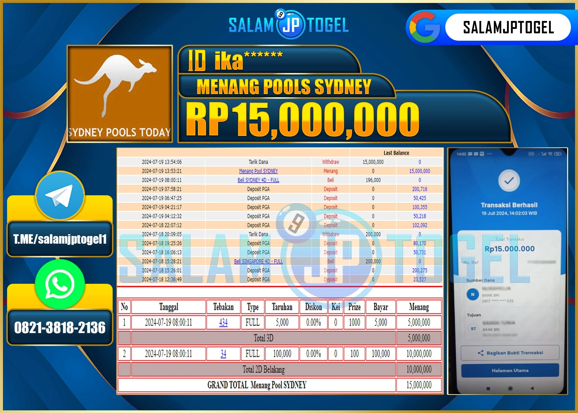 SALAMJPTOGEL MENANG SYDNEY POOLS RP. 15,000,000.,LUNAS