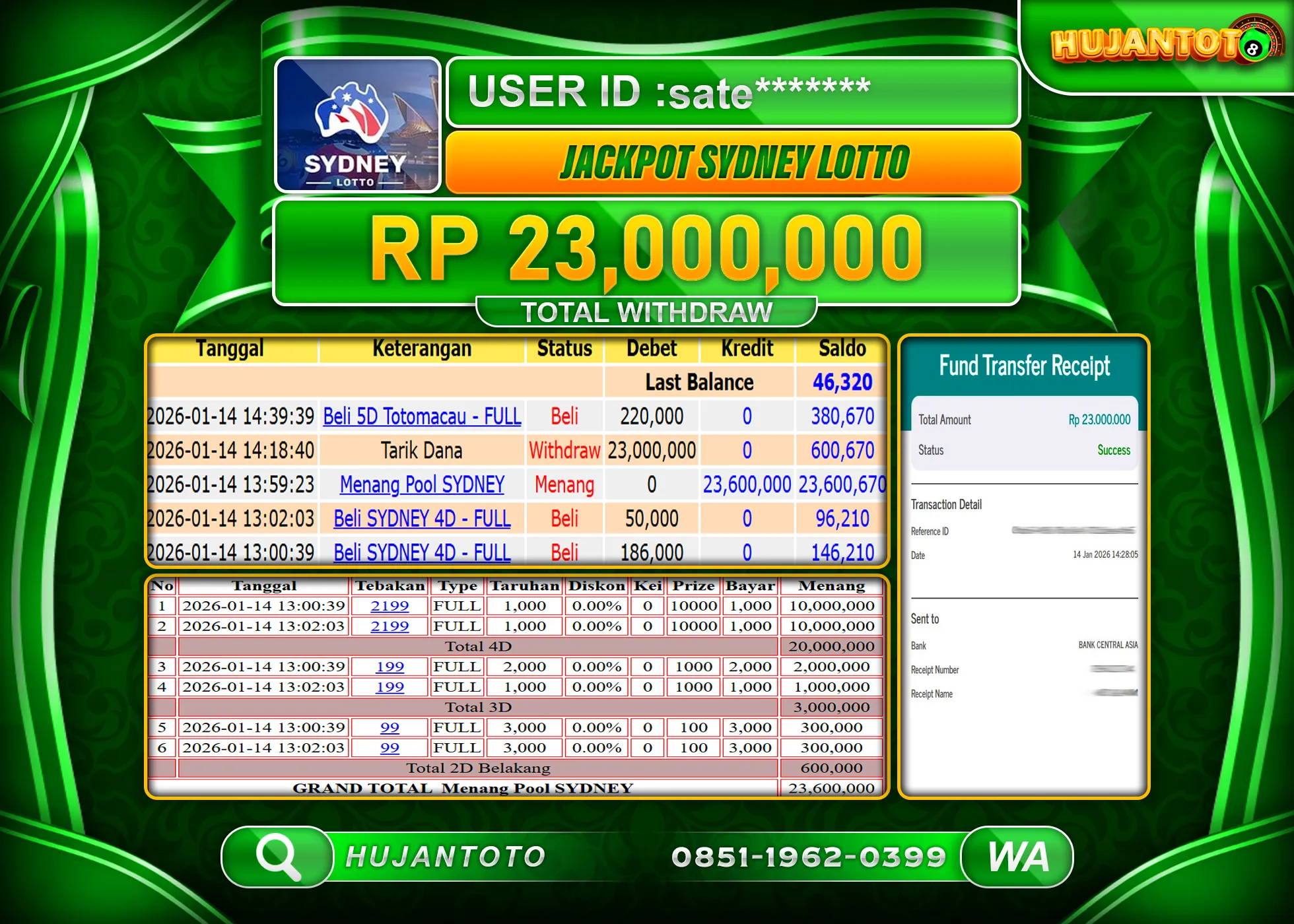 HUJANTOTO - BUKTI JACKPOT MENANG TOGEL SYDNEY LOTTO Rp.23,000,000 - TERBAYAR LUNAS