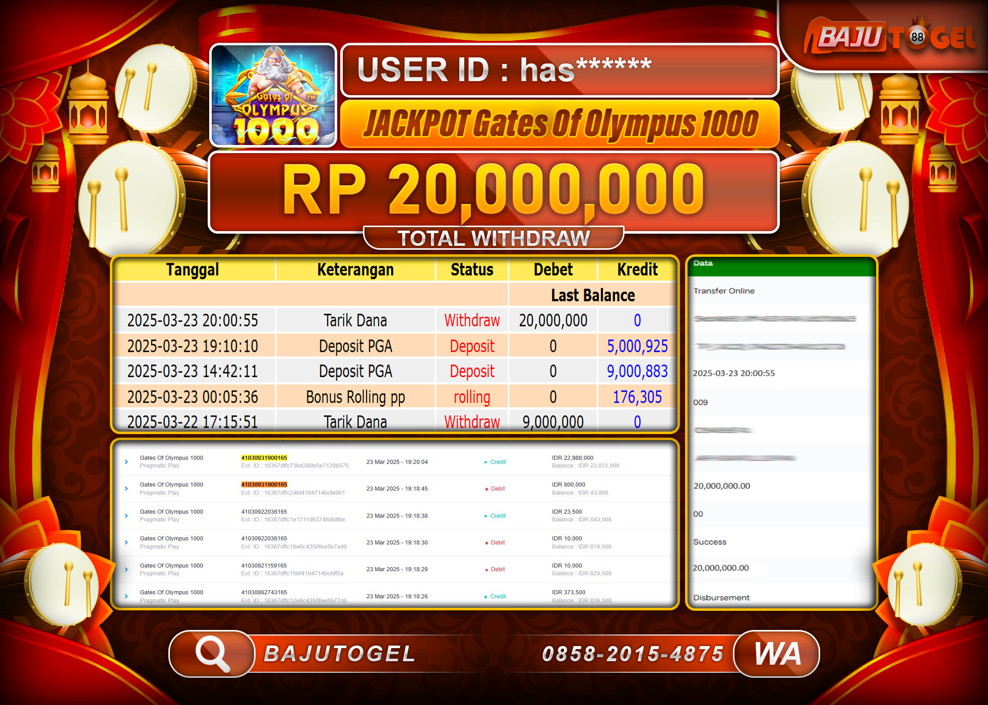 BAJUTOGEL KEMENANGAN GATES OF OLYMPUS 1000 Rp.20.000.000 LUNAS