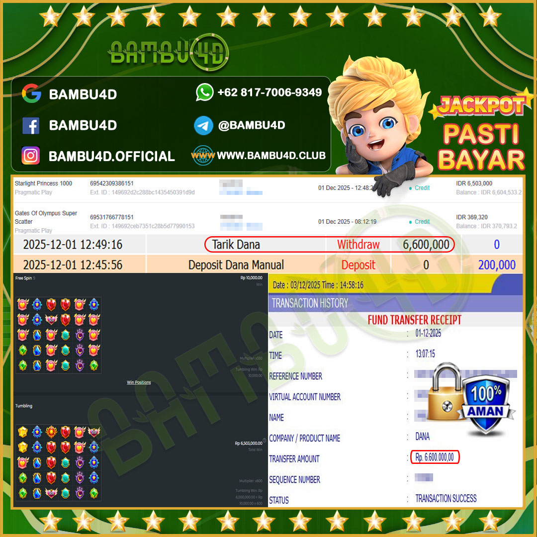 BAMBU4D JACKPOT SLOT PRAGMATIC STARLIGHT PRINCESS 1000 Rp.6.503.000,- LUNAS