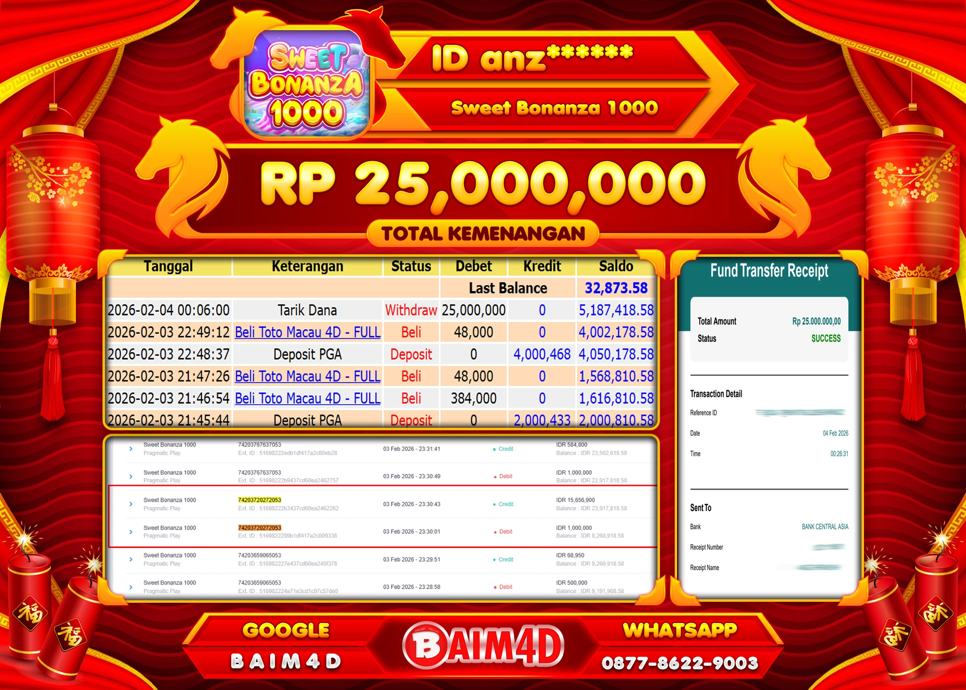 BAIM4D JACKPOT  SLOT SWEET BONANZA 1000 Rp.25,000,000 - LUNAS