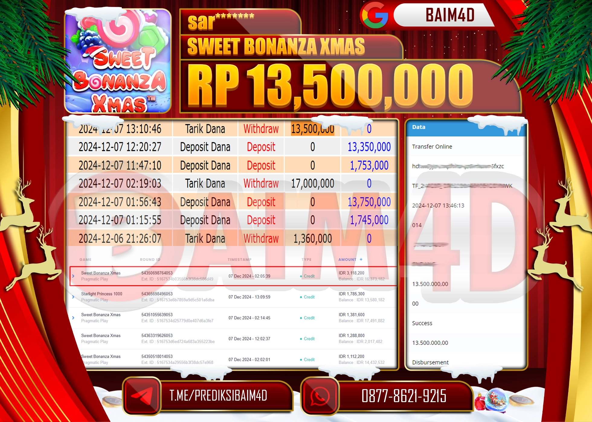BAIM4D JACKPOT SLOT Sweet Bonanza Xmas Rp.13,500,000.- LUNAS
