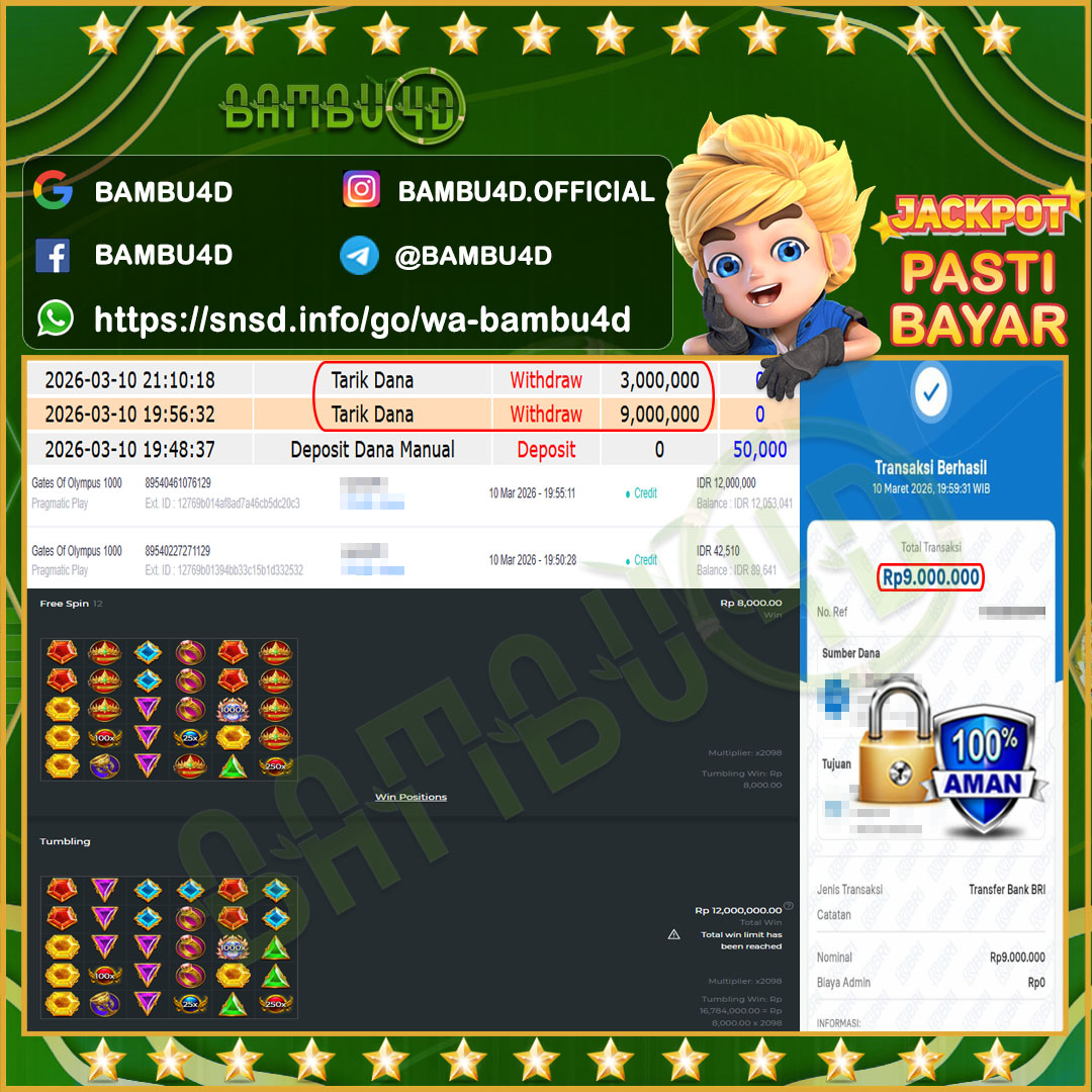 BAMBU4D JACKPOT SLOT PRAGMATIC GATES OF OLYMPUS 1000 Rp.12.000.000,- LUNAS