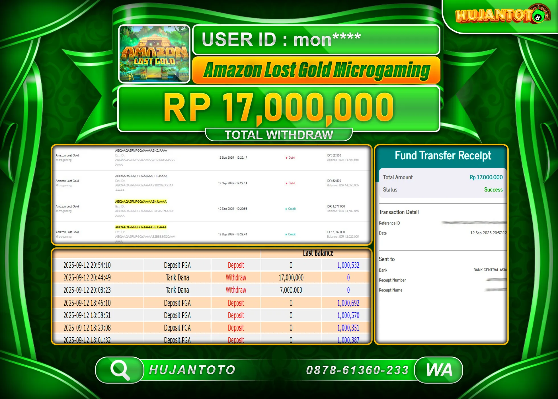 HUJANTOTO - BUKTI JACKPOT MENANG SLOT AMAZON LOST GOLD Rp.17,000,000 - TERBAYAR LUNAS