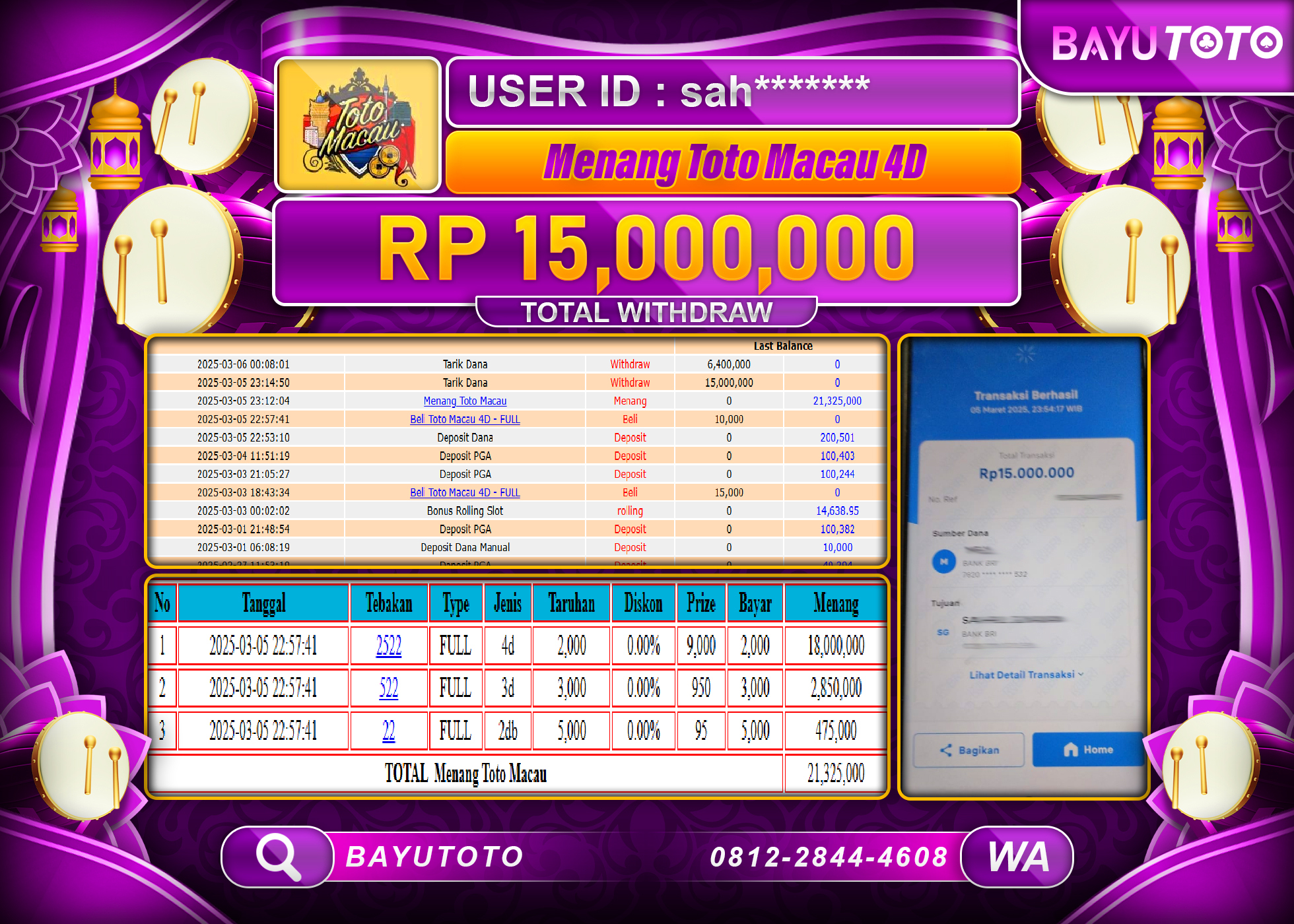 BAYUTOTO JACKPOT PASARAN TOTO MACAU4D Rp.15.000.000 LUNAS