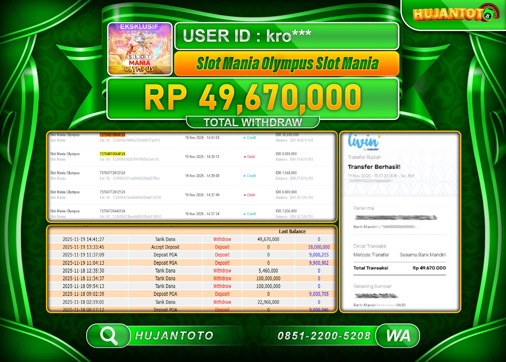 HUJANTOTO - BUKTI JACKPOT MENANG SLOT MANIA OLYMPUS Rp.49,670,000 - TERBAYAR LUNAS