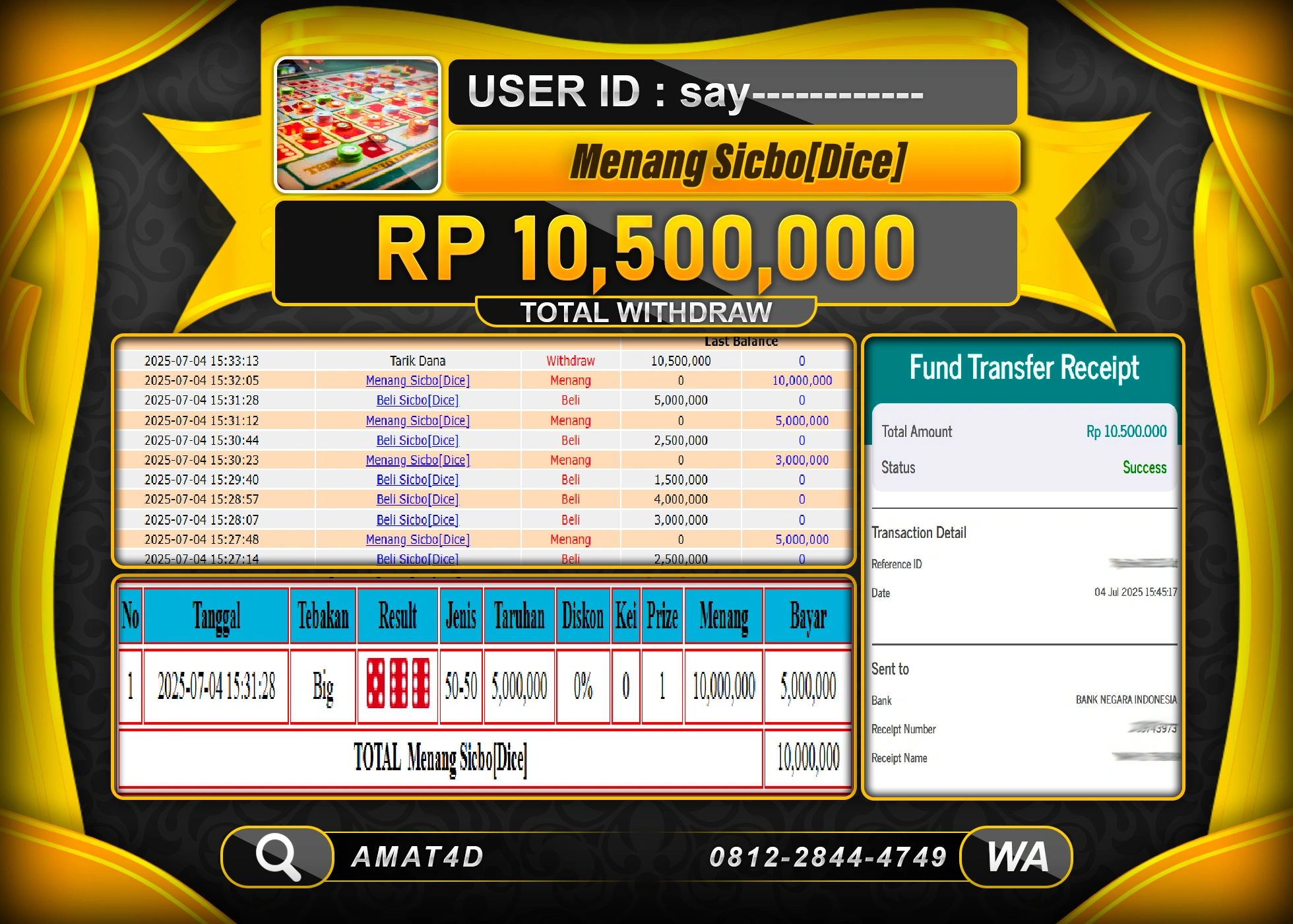 AMAT4D KEMENANGAN  DI GAME SICBO DICE Rp.10.500.000 BERHASIL TERBAYAR LUNAS