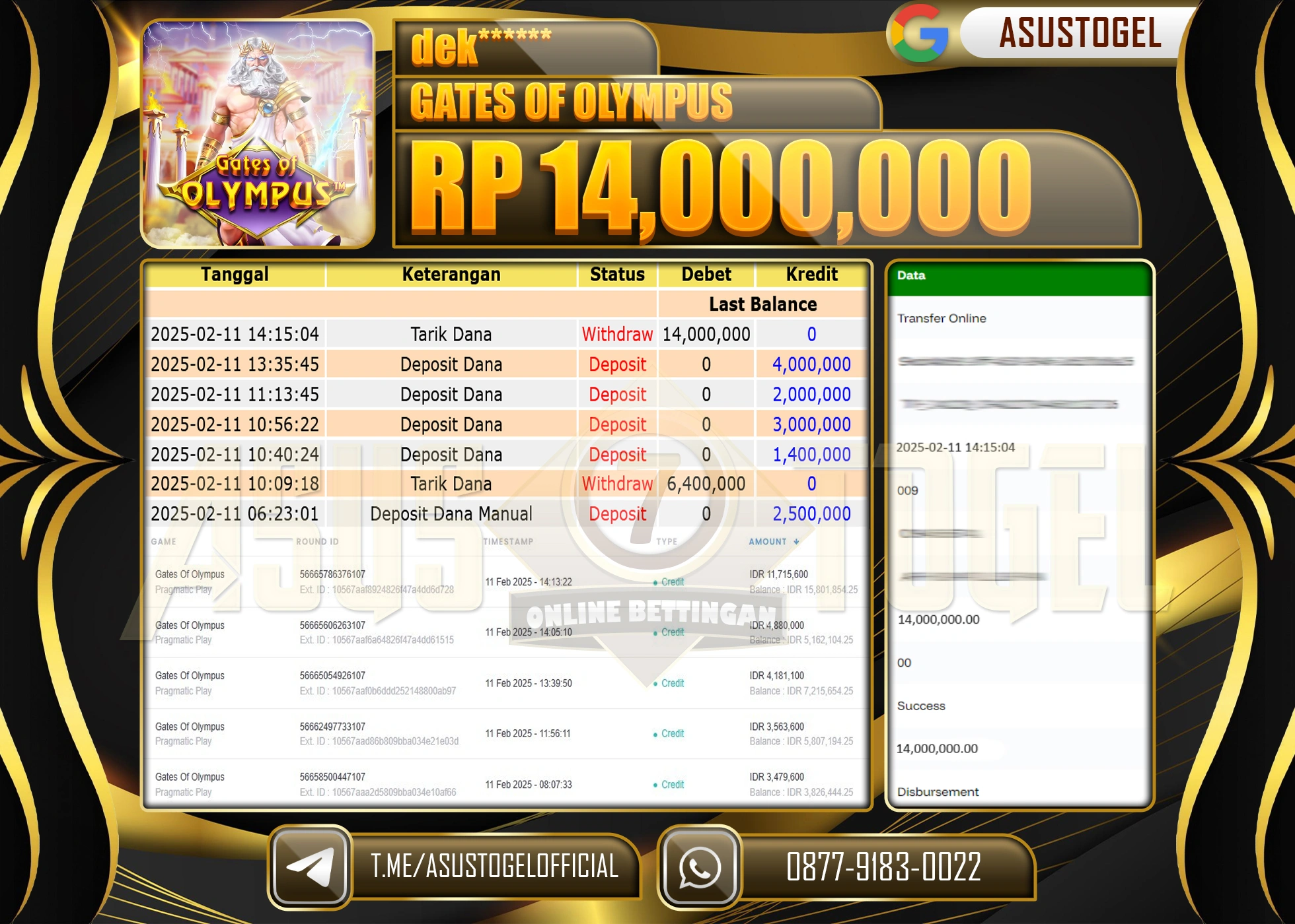 ASUSTOGEL KEMENANGAN DI GATES OF OLYMPUS SEBESAR 14.000.000 - RUPIAH LUNAS