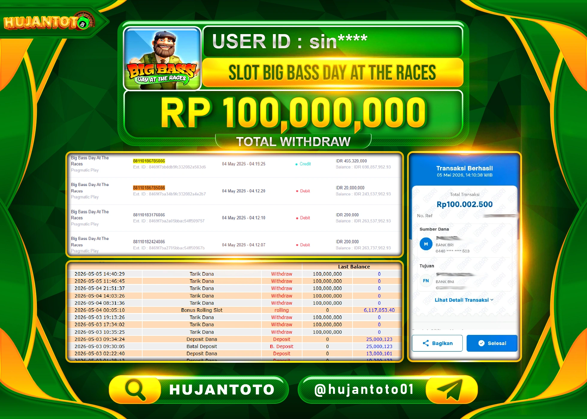 HUJANTOTO - BUKTI JACKPOT MENANG SLOT BIG BASS DAY AT THE RACES Rp.100,000,000 - TERBAYAR LUNAS