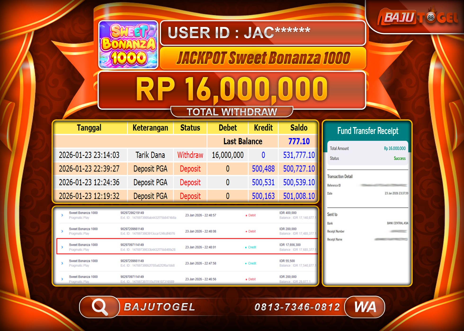 BAJUTOGEL KEMENANGAN JACKPOT SLOT SWEET BONANZA 1000 Rp.16,000,000 LUNAS