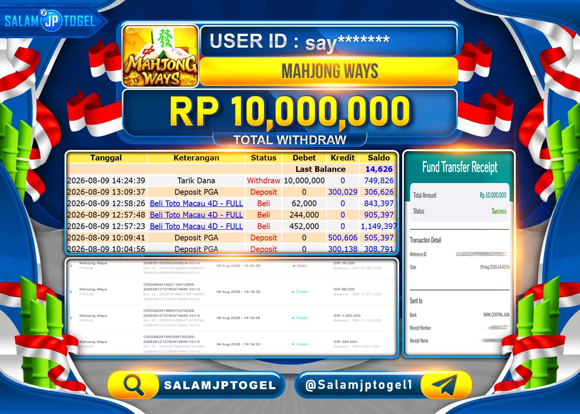 SALAMJPTOGEL JACKPOT MENANG SLOT MAHJONG WAYS PG SOFT  Rp.10,000,000 - LUNAS