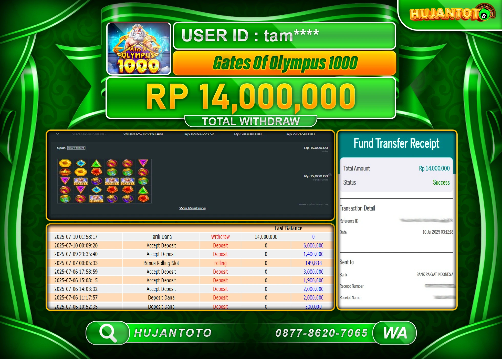 HUJANTOTO - BUKTI JACKPOT MENANG SLOT GATES OF OLYMPUS 1000 Rp.14,000,000 - TERBAYAR LUNAS