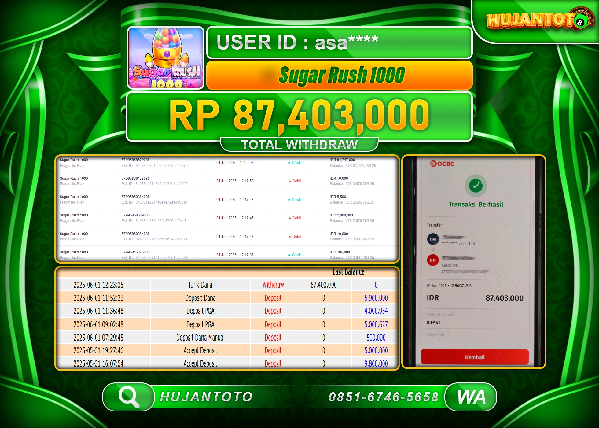   HUJANTOTO - BUKTI JACKPOT MENANG SLOT PRAGMATIC SUGAR RUSH 1000 Rp.87,403,000 - TERBAYAR LUNAS