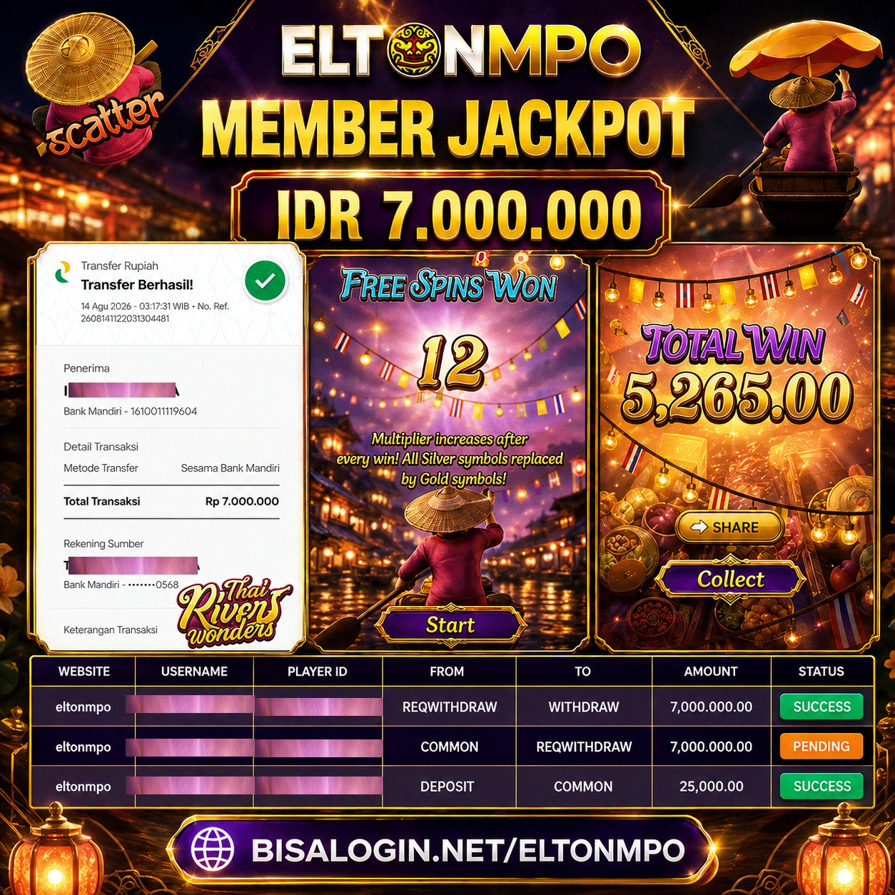 MEMBER JACKPOT THAI RIVER WONDERS IDR 7.000.000