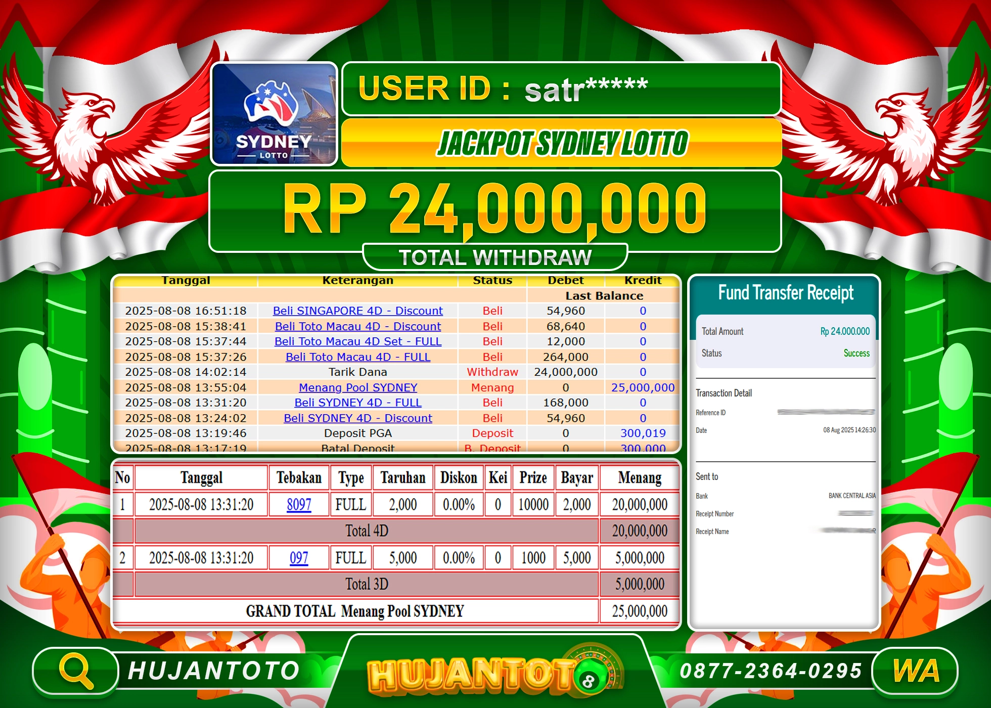 HUJANTOTO - BUKTI JACKPOT MENANG TOGEL SYDNEY LOTTO Rp.24,000,000 - TERBAYAR LUNAS