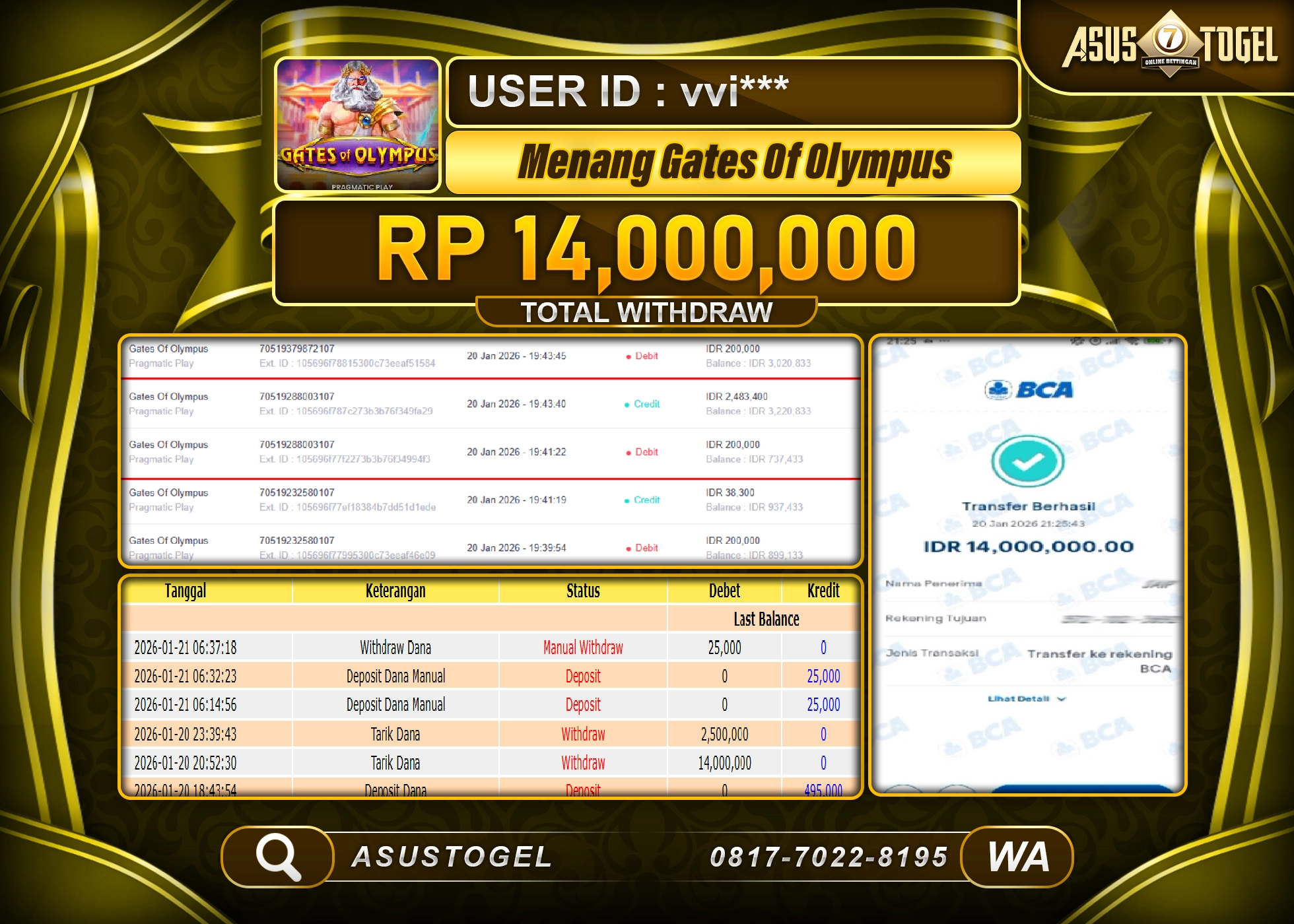 ASUSTOGEL KEMENANGAN DI SLOT GATES OF OLYMPUS SEBESAR 14,000,000 - RUPIAH LUNAS