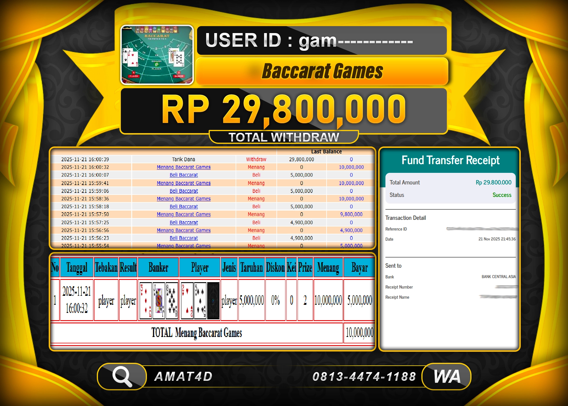 AMAT4D KEMENANGAN DI BACCARAT GAMES Rp.29.800.000 BERHASIL TERBAYAR LUNAS