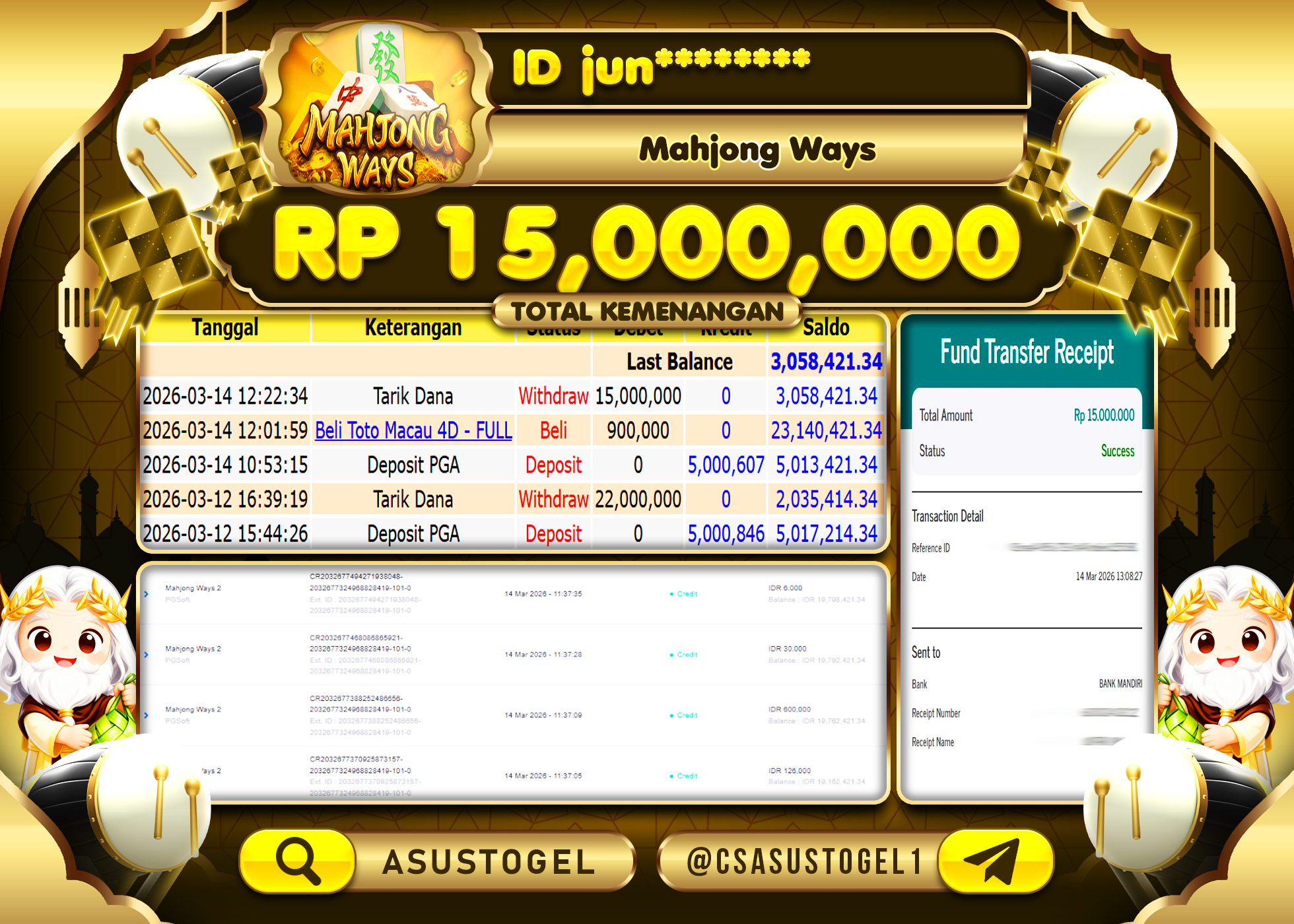 ASUSTOGEL KEMENANGAN DI SLOT MAHJONG WAYS PG SOFT 15,000,000 - RUPIAH LUNAS