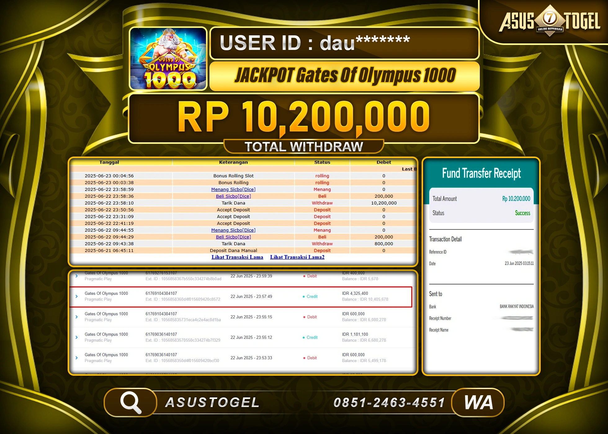 ASUSTOGEL KEMENANGAN DI SLOT GATES OF OLYMPUS 1000 SEBESAR 10,200,000- RUPIAH LUNAS