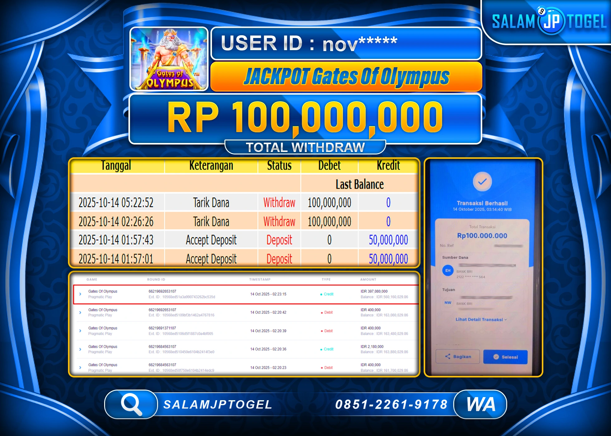 SALAMJPTOGEL MENANG GATES OF OLYMPUS Rp.100,000,000  - LUNAS