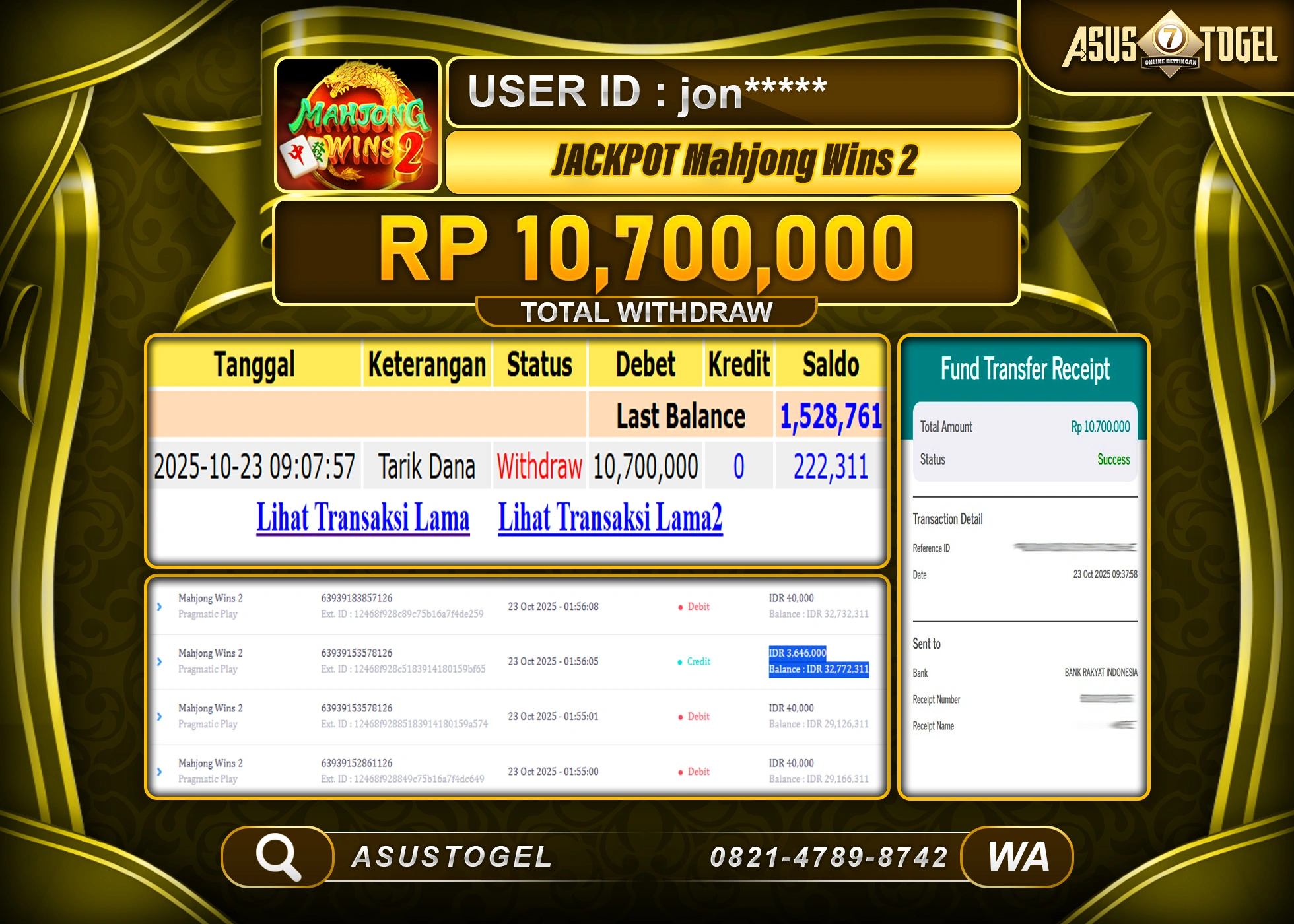 ASUSTOGEL KEMENANGAN DI SLOT MAHJONG WINS 2 SEBESAR 10,700,000- RUPIAH LUNAS