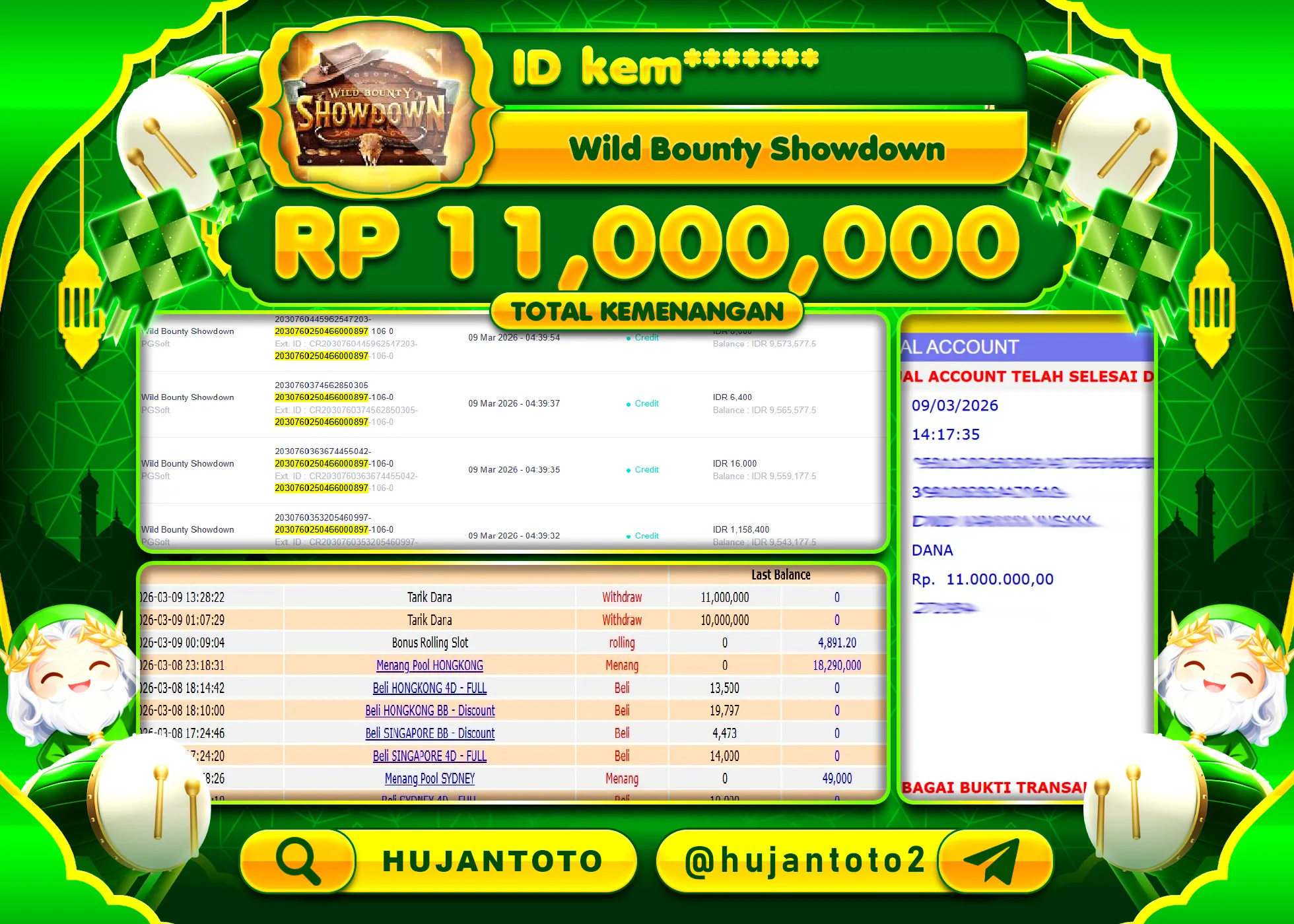 HUJANTOTO - BUKTI JACKPOT MENANG SLOT WILD BOUNTY SHOWDOWN Rp.11,000,000 - TERBAYAR LUNAS